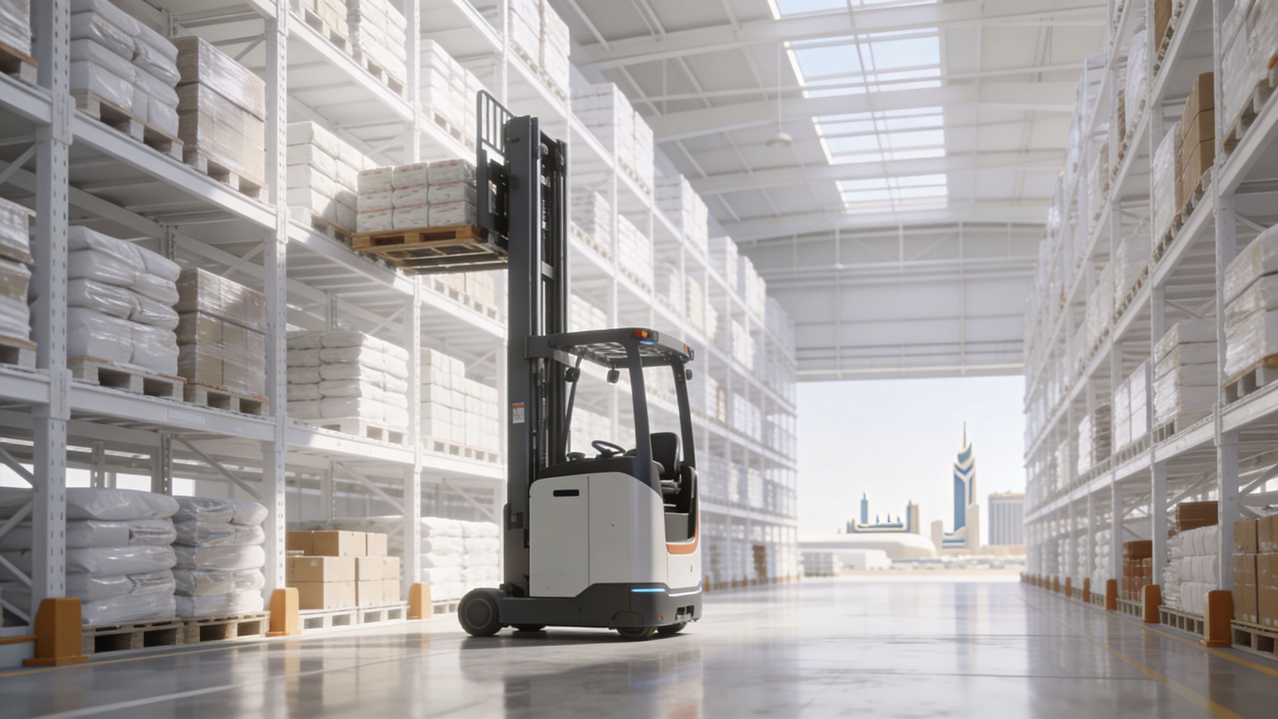 A forklift operating in a large, modern warehouse with shelves stacked high with various goods and supplies.