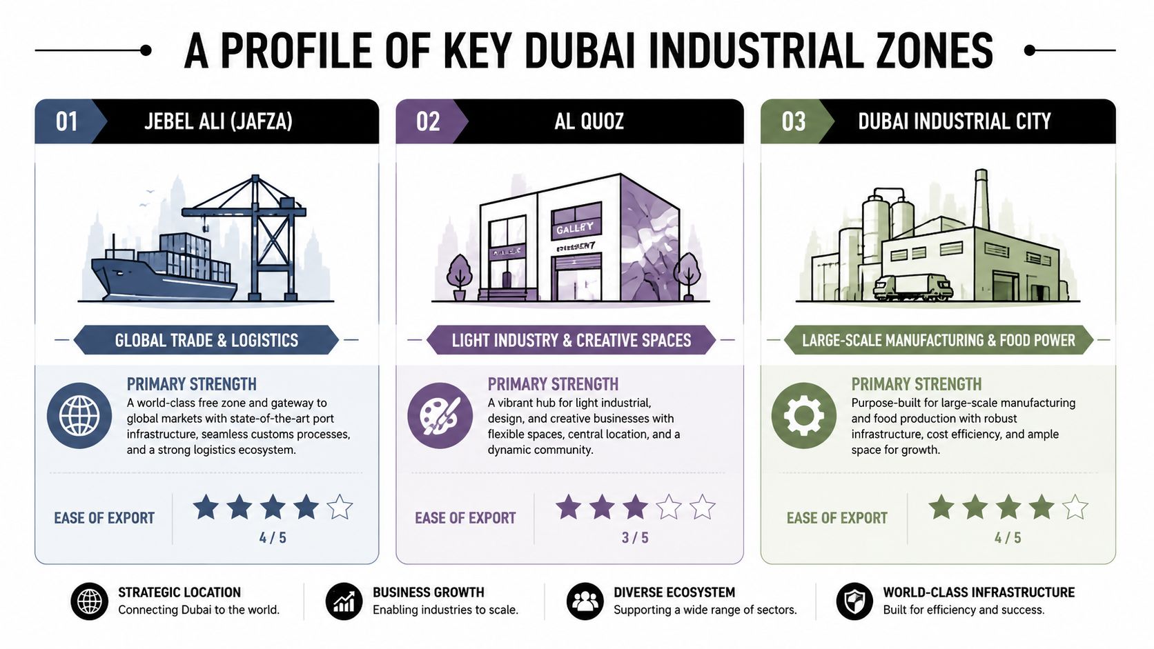 A professional infographic comparing Jebel Ali, Al Quoz, and Dubai Industrial City based on their primary strengths.