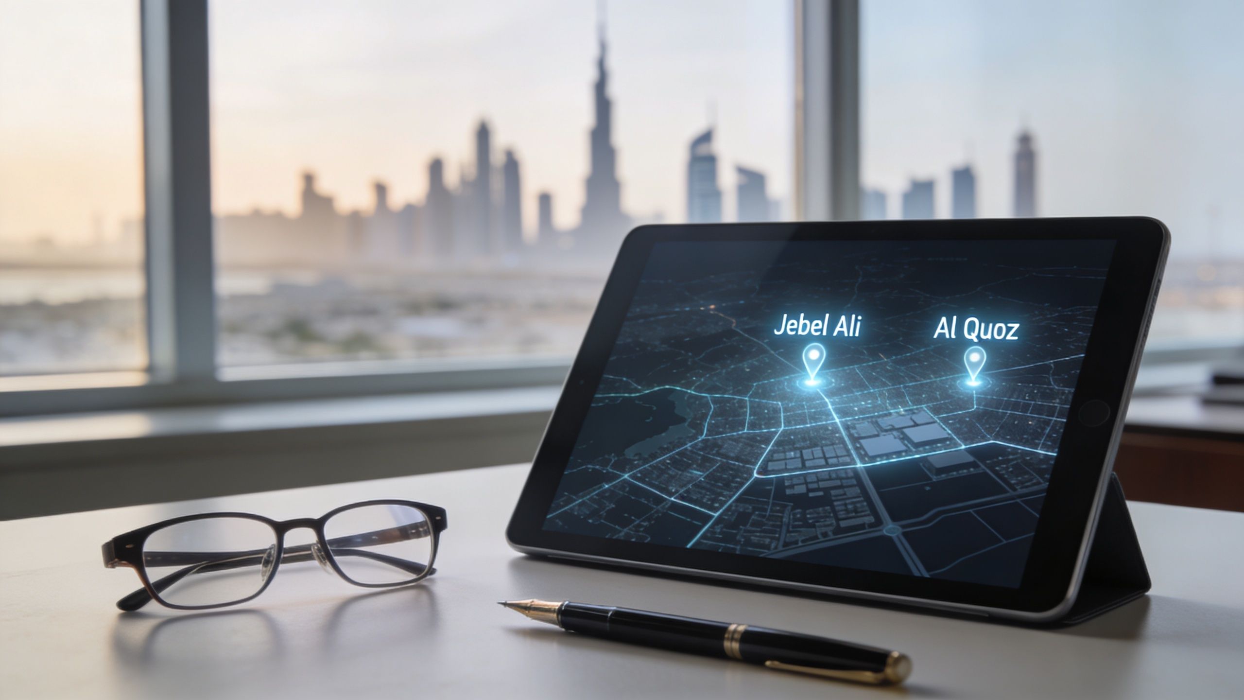 A digital tablet displaying a map of Dubai industrial areas Jebel Ali and Al Quoz on a desk.