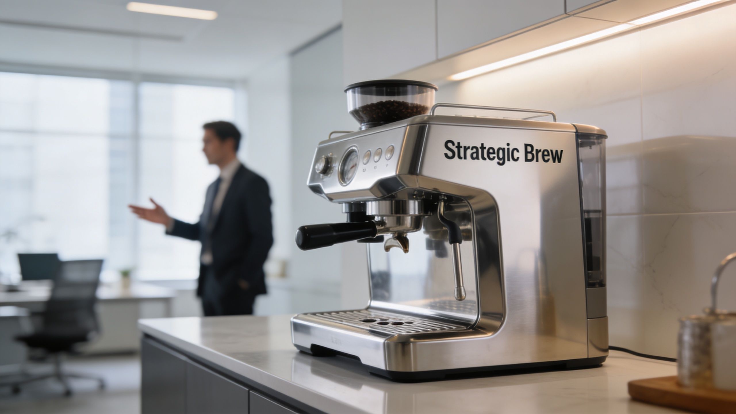 A professional stainless steel espresso machine with the text Strategic Brew sitting on a clean office kitchen counter.