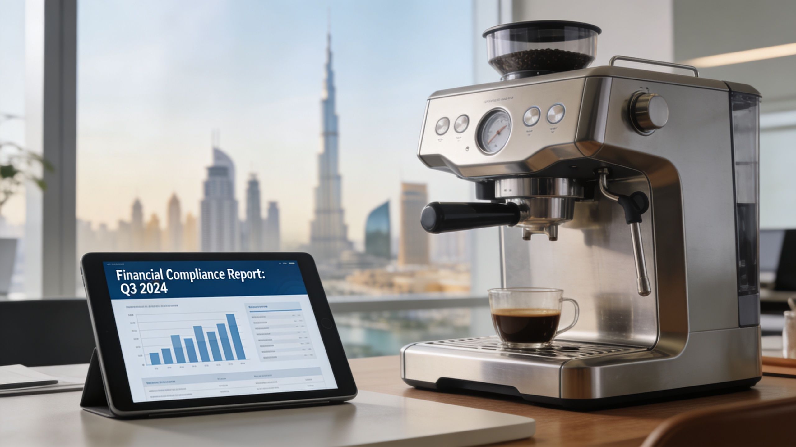 A modern coffee machine and a tablet displaying a financial compliance report overlooking the Dubai skyline.