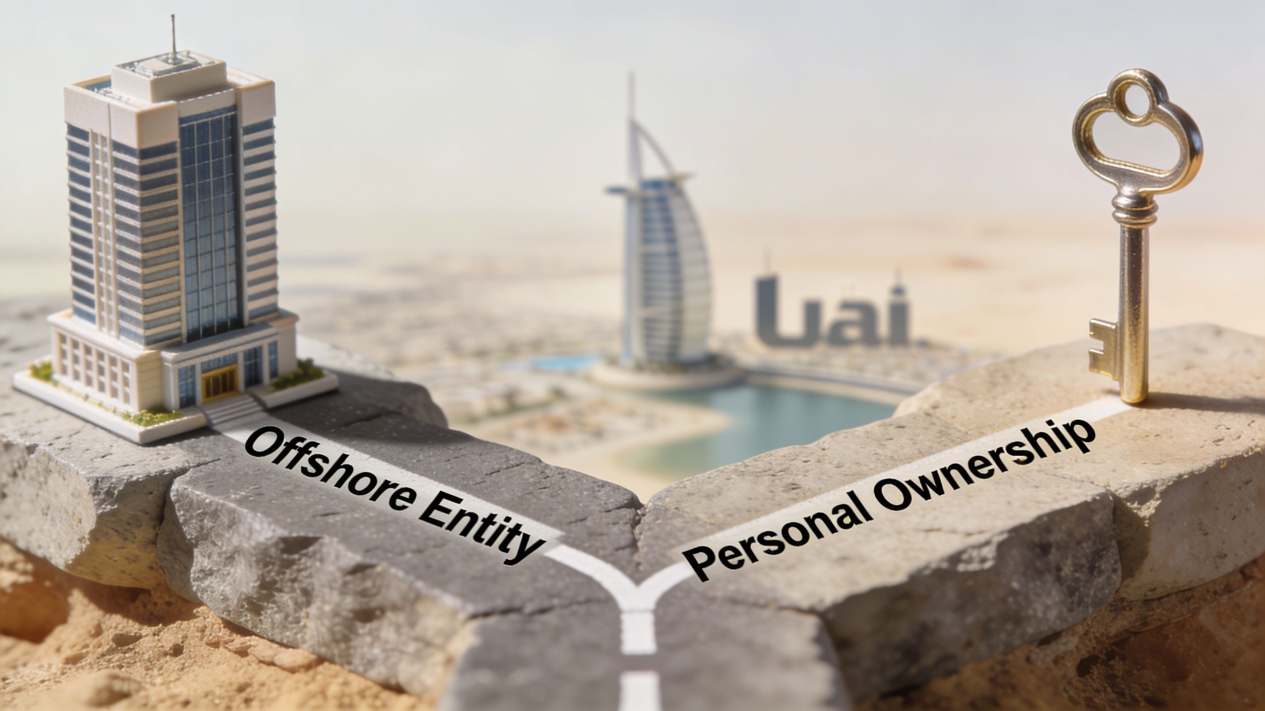 A conceptual image showing a path dividing into offshore entity and personal ownership with Dubai architecture.