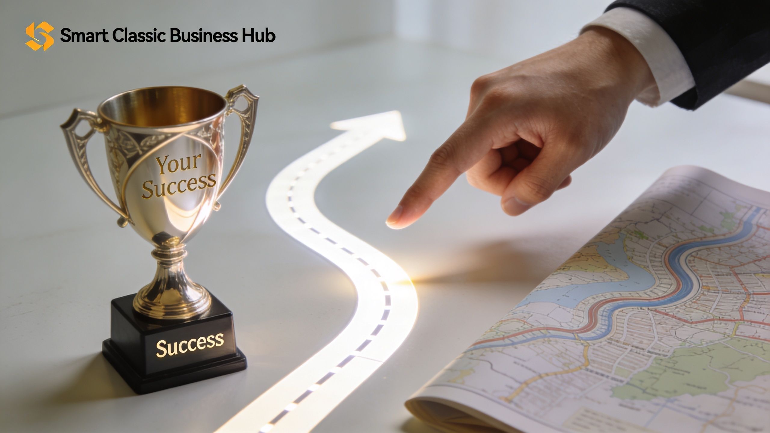 A trophy and a map on a desk with a hand pointing towards success