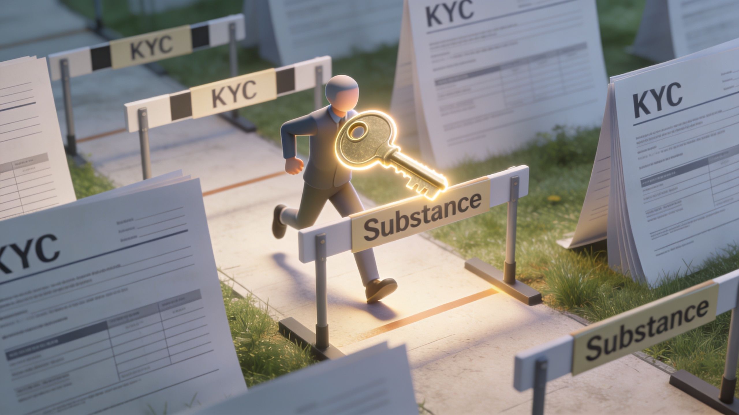 A stylized human figure jumping over a hurdle labeled Substance, carrying a glowing key past KYC documents.