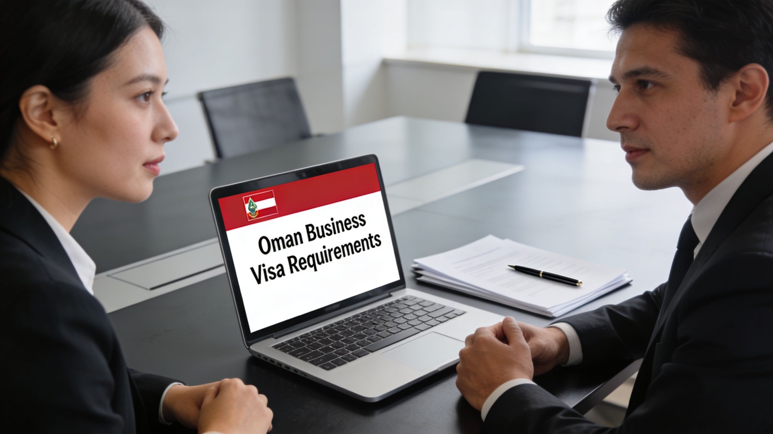 A professional man and woman discussing Oman business visa requirements in a modern office meeting room.