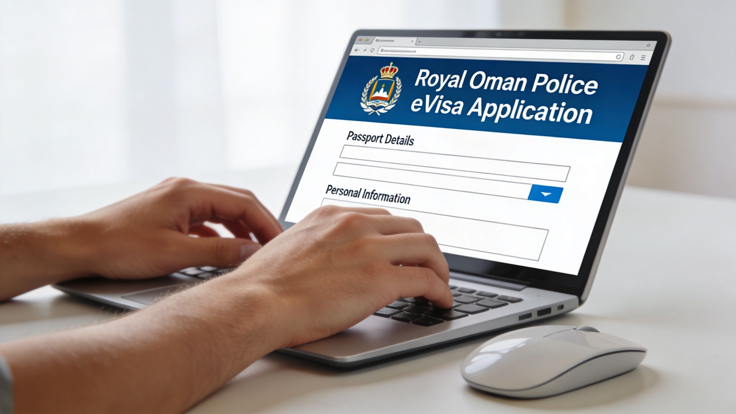 A person using a laptop to fill out an online Royal Oman Police eVisa application form.