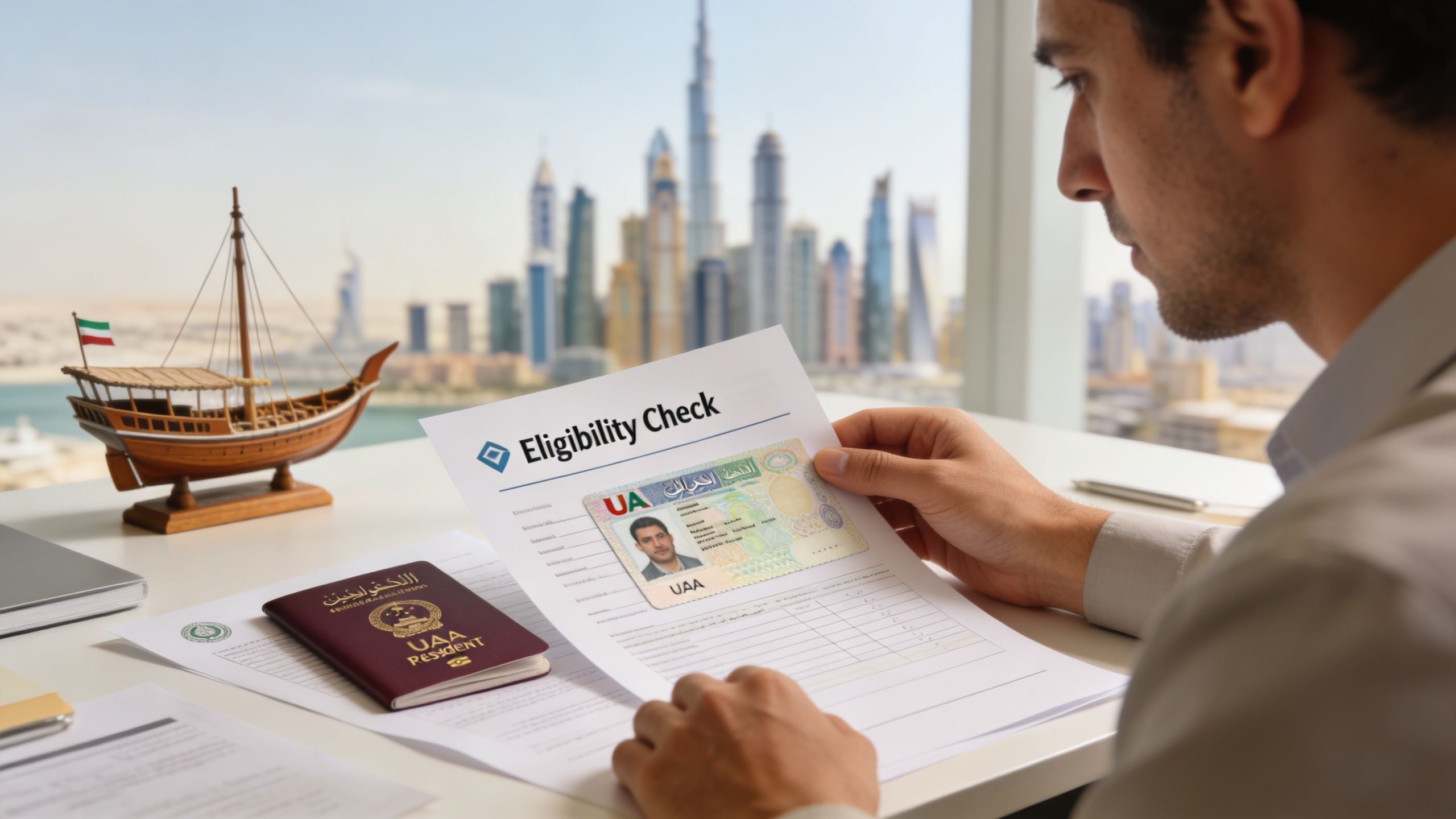 A man reviewing his UAE resident visa and passport documents in an office overlooking the Dubai skyline.