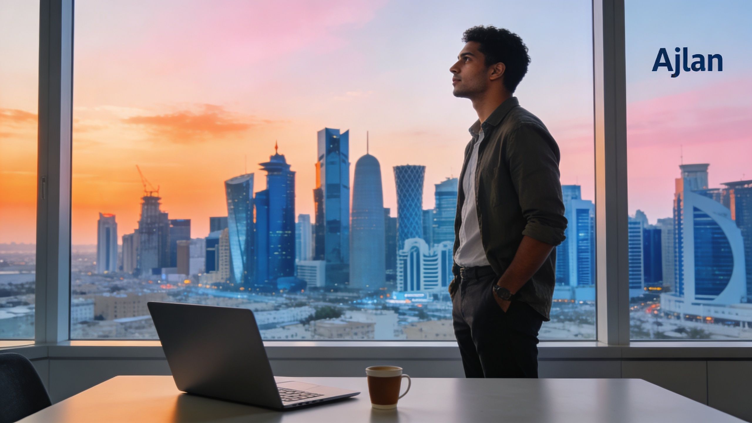 A professional man looking out the window at the Doha city skyline at sunset while working.