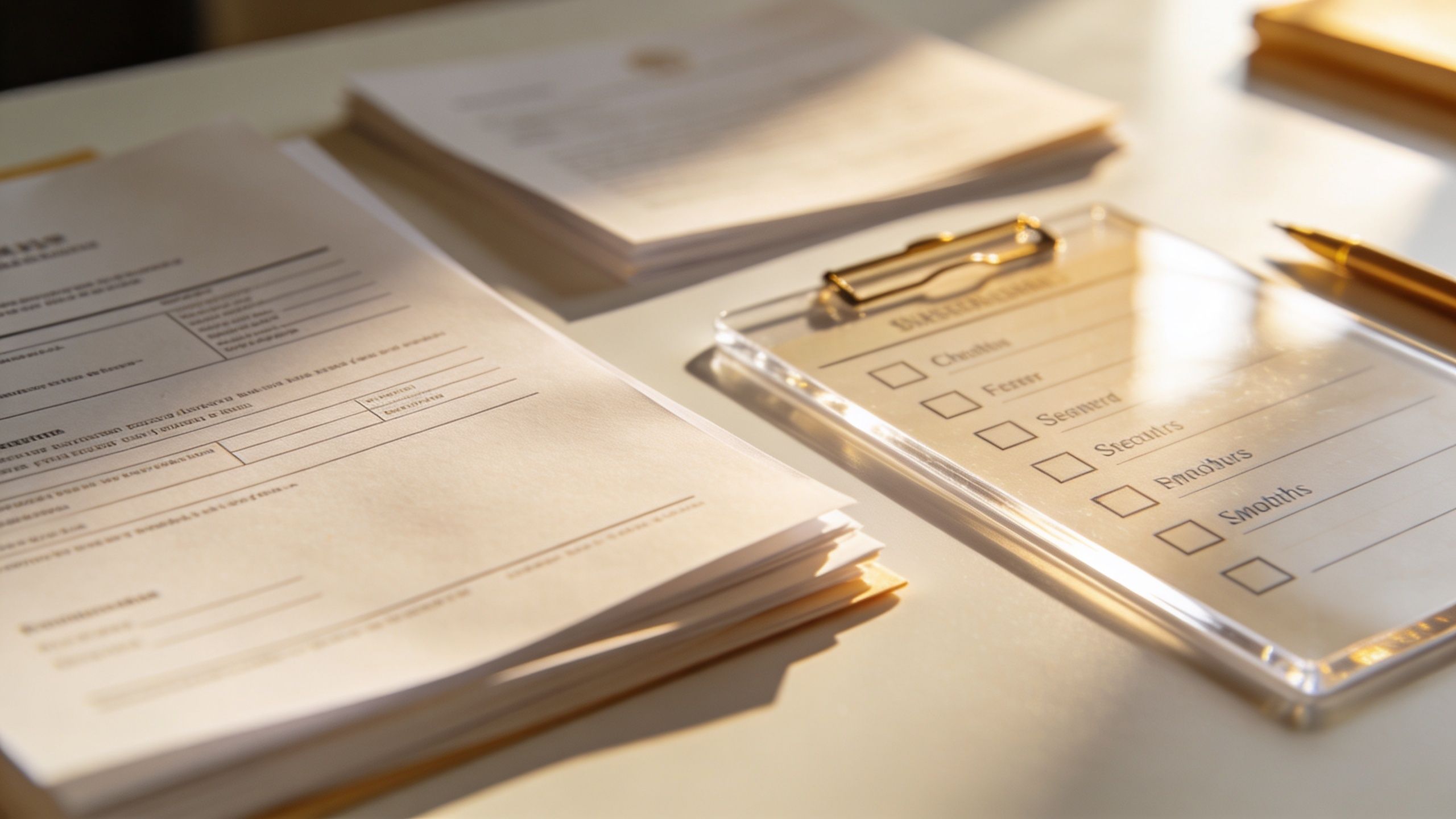 A clipboard with a checklist alongside stacked legal documents and a pen on a desk.