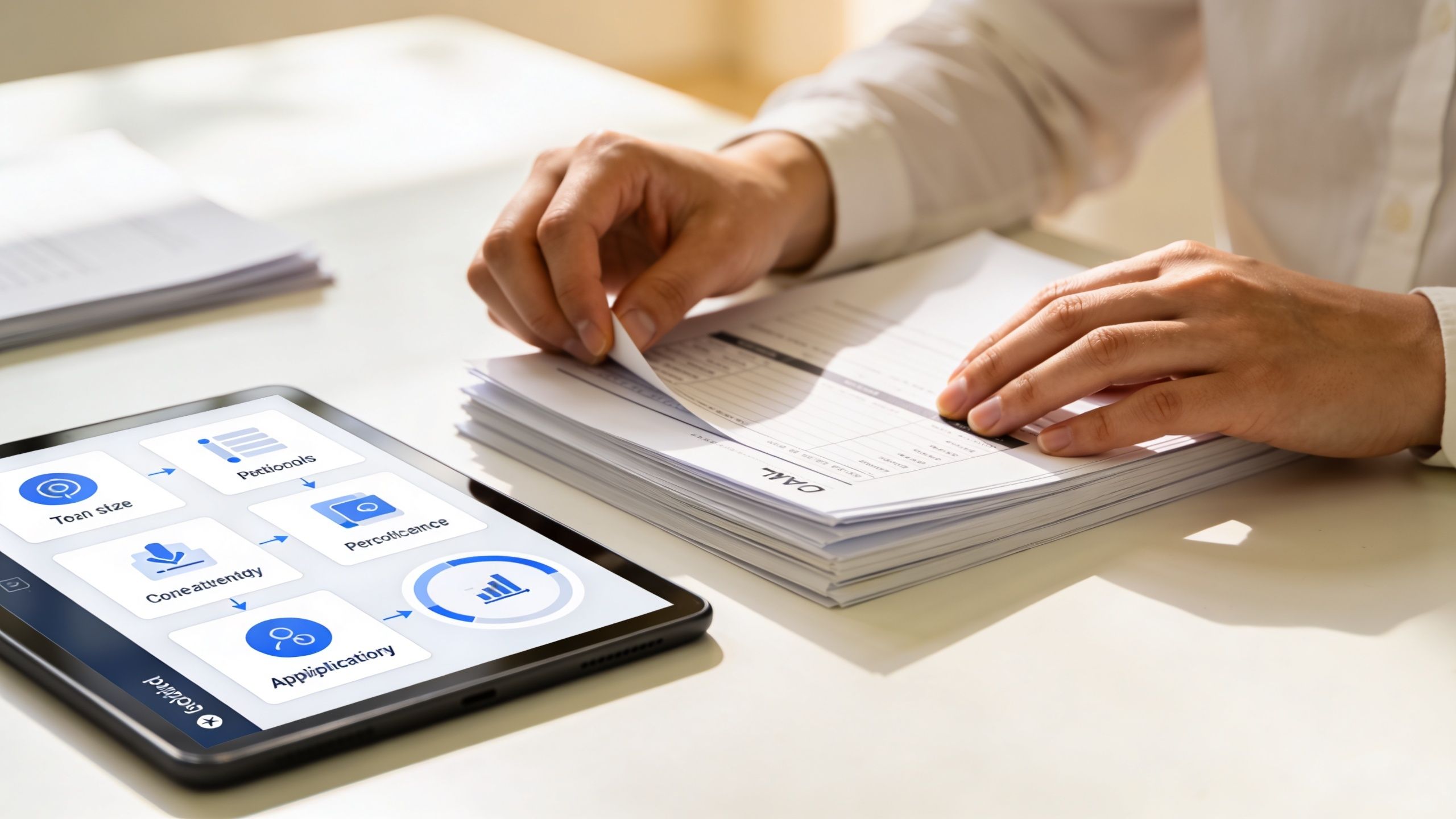 A person reviewing paper documents while using a digital tablet showing a financial planning process flowchart.