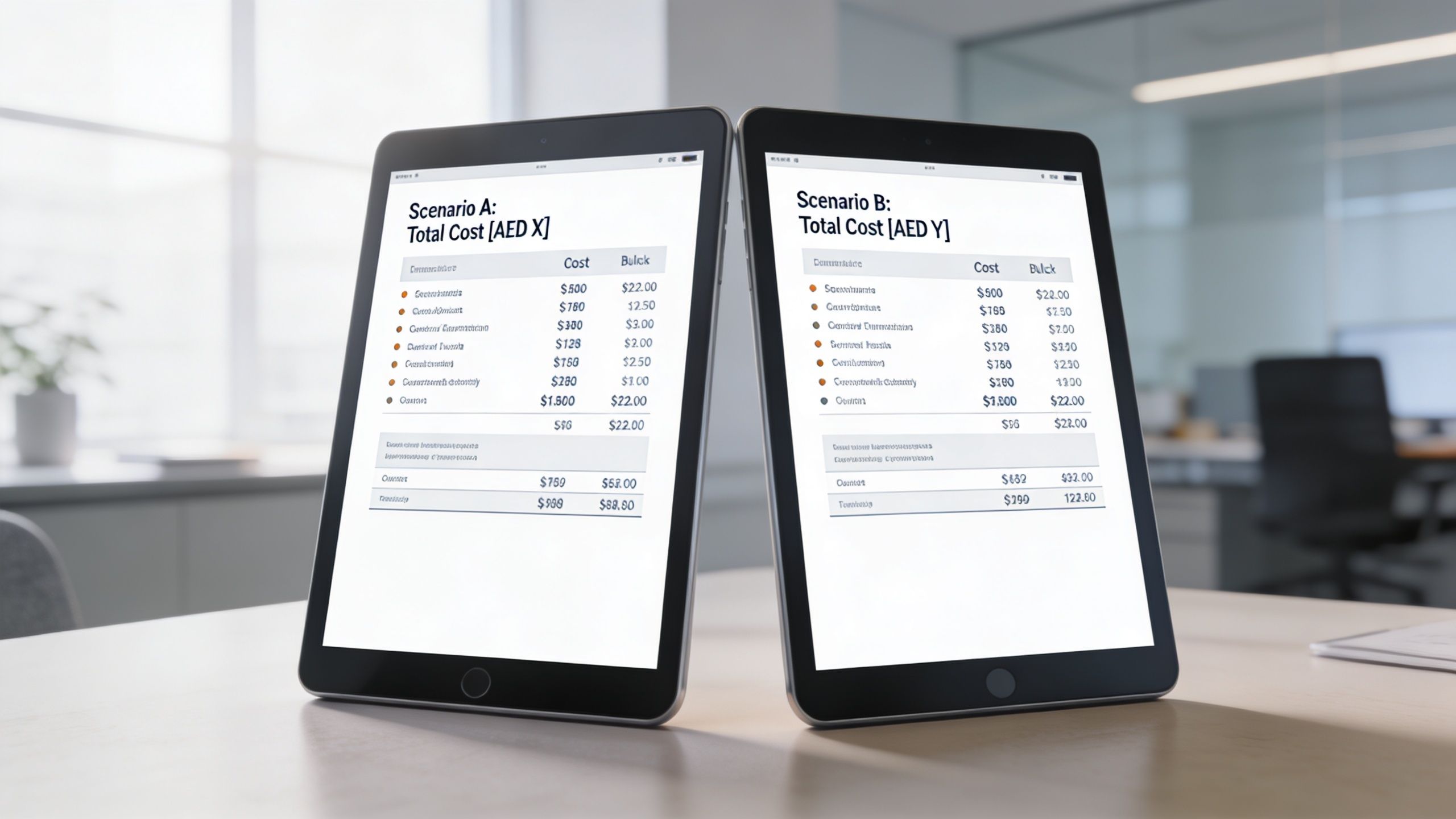 Two tablets displayed on a wooden desk showing comparative financial scenarios for UAE employment visa costs.