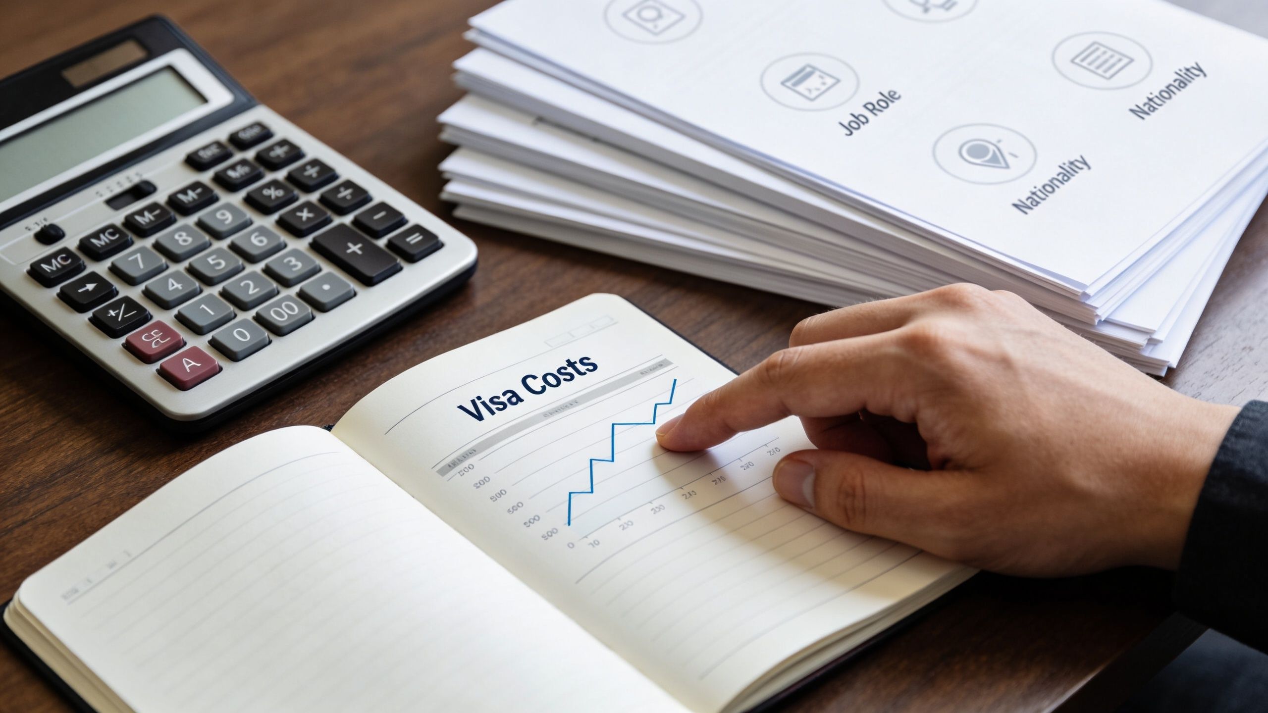 A person analyzing a chart showing an upward trend in visa costs on a notebook.