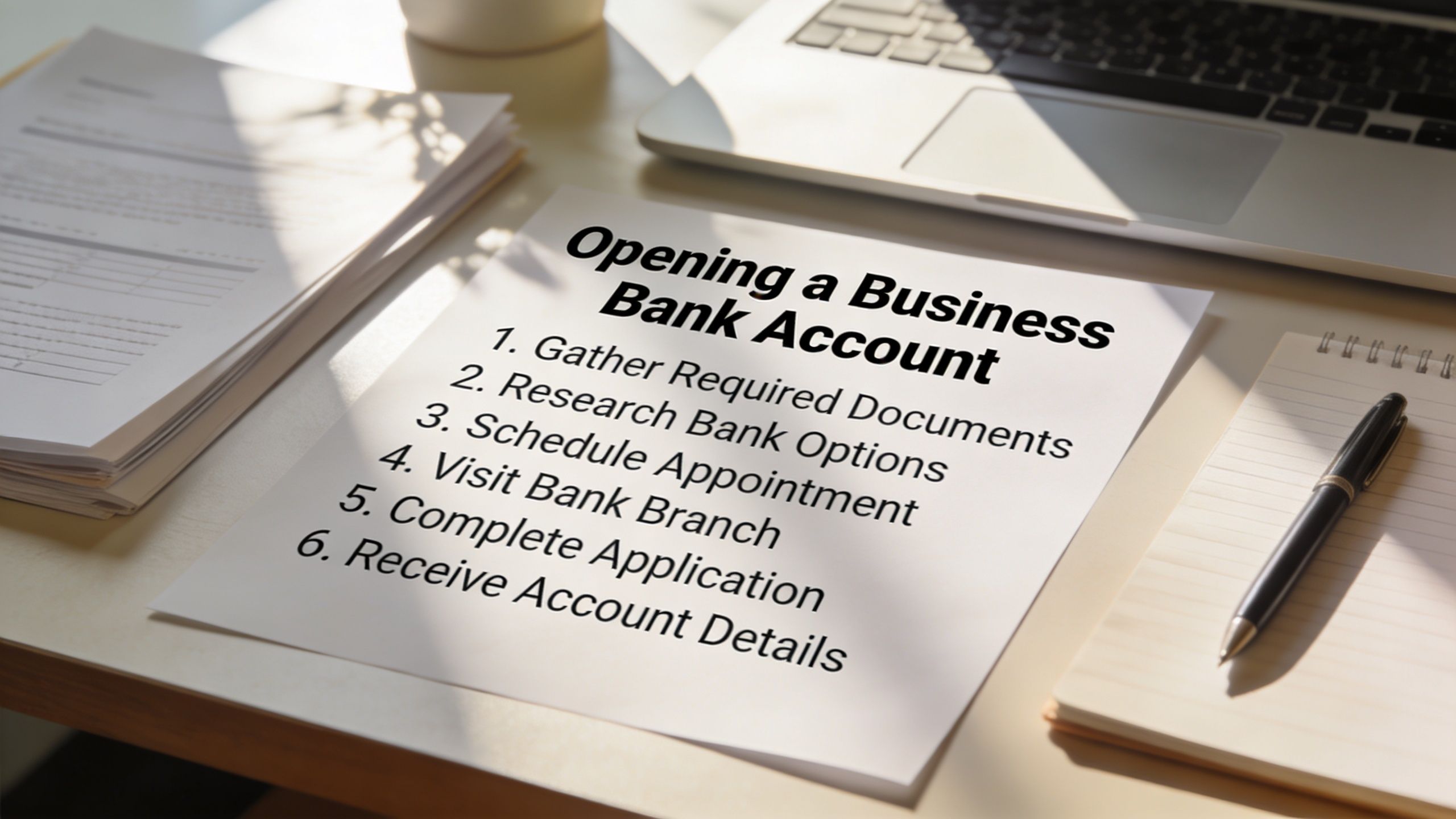A checklist on a desk outlines the process for opening a business bank account, including documentation and appointments.