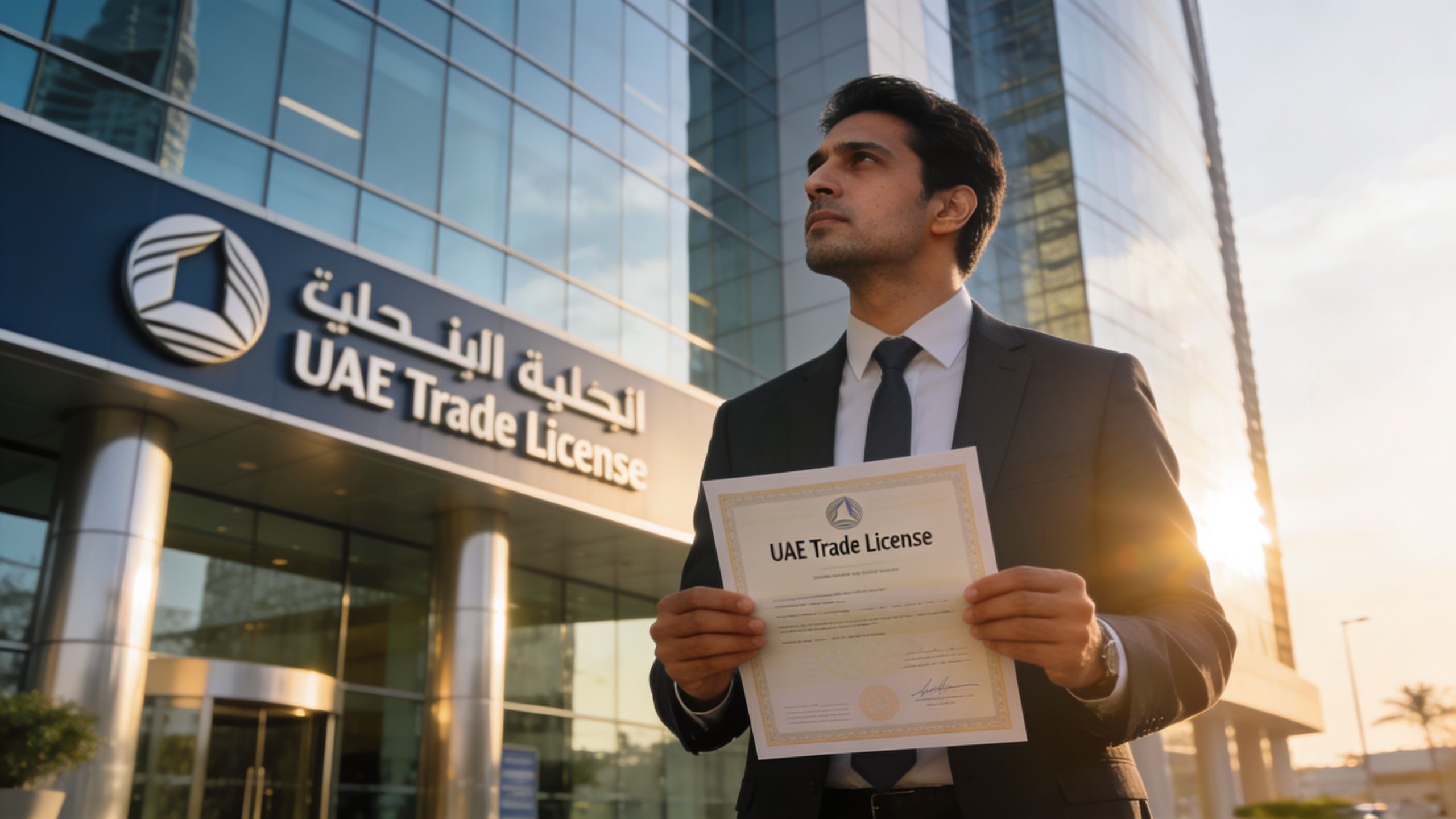 A professional businessman holding his official UAE trade license certificate in front of a modern corporate office building.
