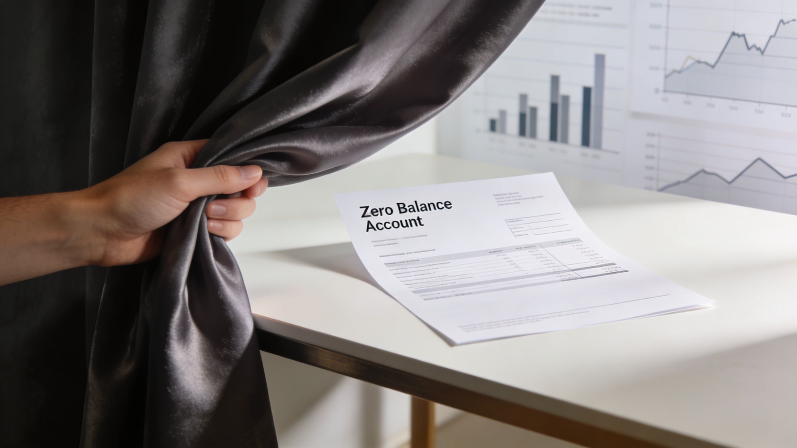 A hand pulls back a curtain to reveal a document titled Zero Balance Account on a desk.