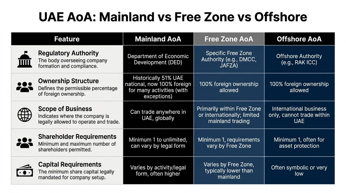 A comparison table outlining key differences between Mainland, Free Zone, and Offshore company articles of association in UAE.