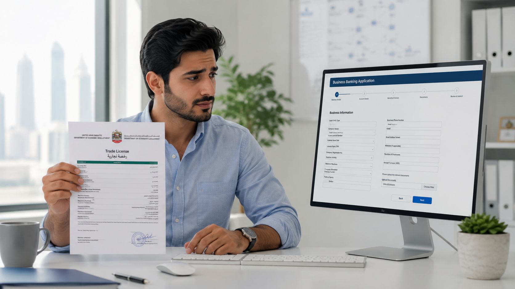 A professional man holding a UAE trade license while completing an online business banking application on computer.