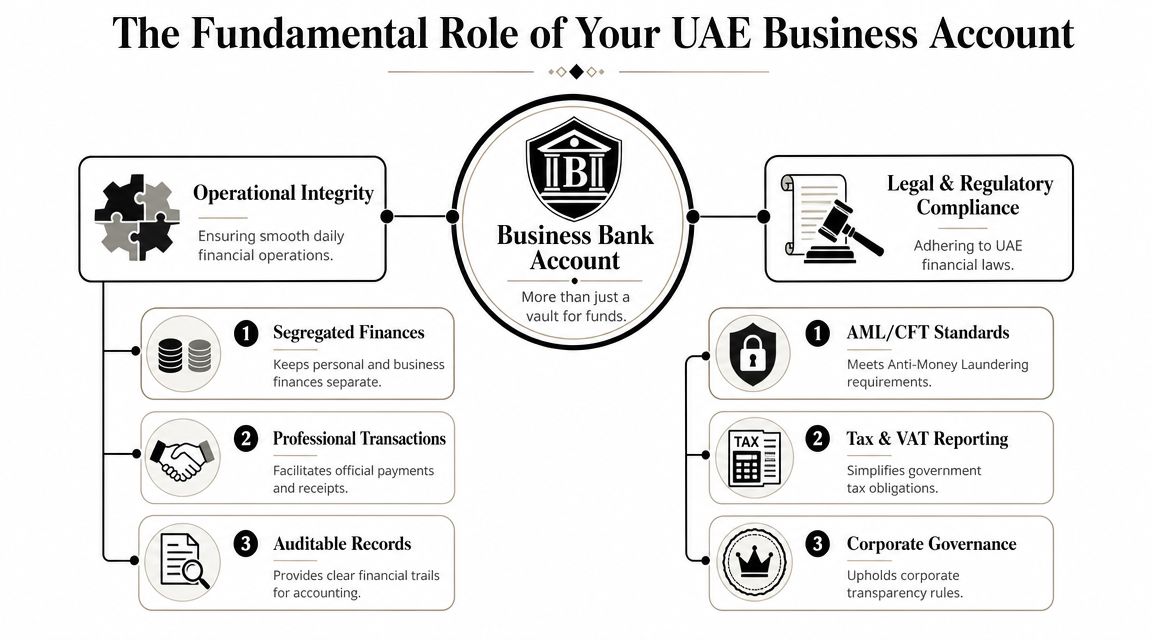 An infographic detailing the fundamental roles of a UAE business bank account for operational and regulatory efficiency.