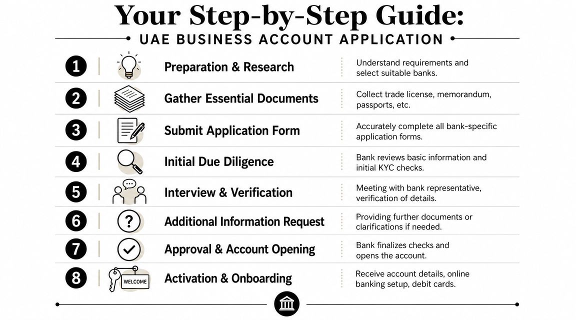 A step-by-step guide infographic for opening a UAE business banking account with eight distinct stages.
