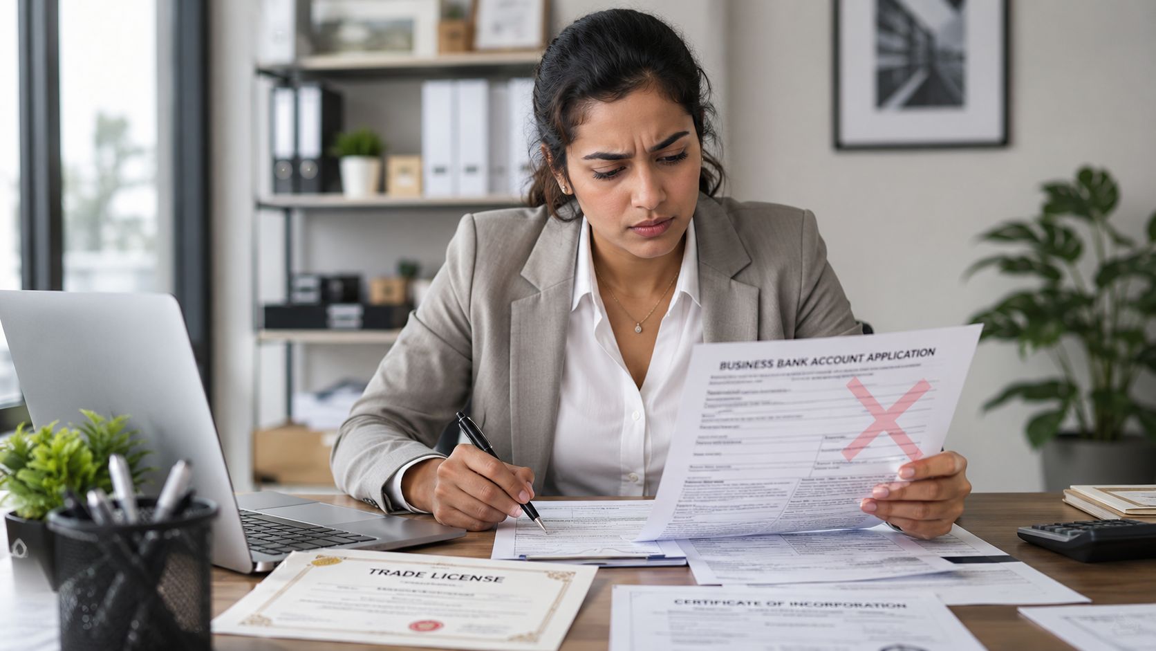A focused professional woman reviewing business bank account application forms with a red cross marking errors.