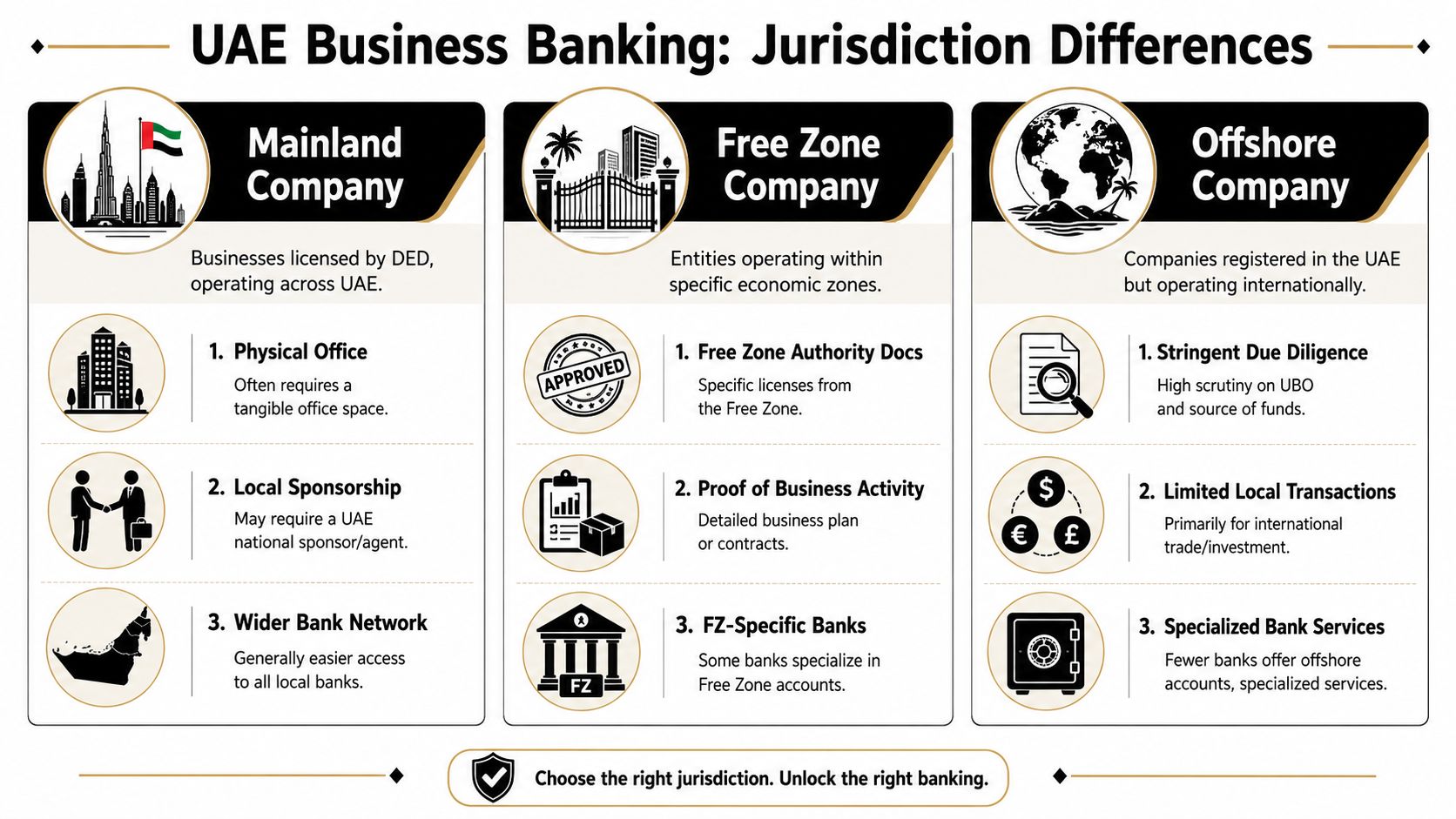 An infographic showing the differences between UAE Mainland, Free Zone, and Offshore company banking requirements.