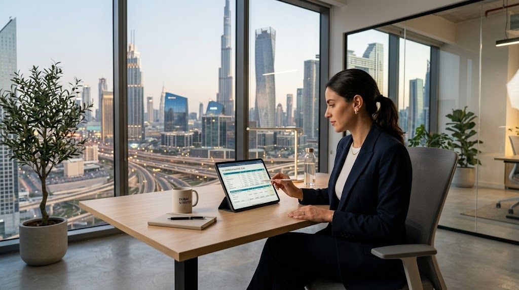 A professional woman working on a digital tablet in a modern office overlooking the Dubai skyline.