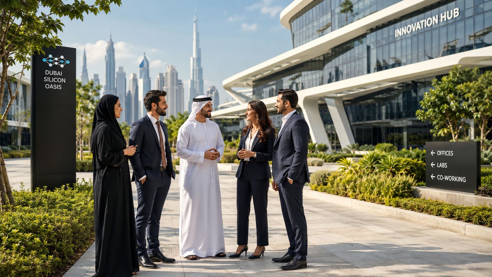 A group of diverse business professionals in formal attire standing outside the Dubai Silicon Oasis Innovation Hub.