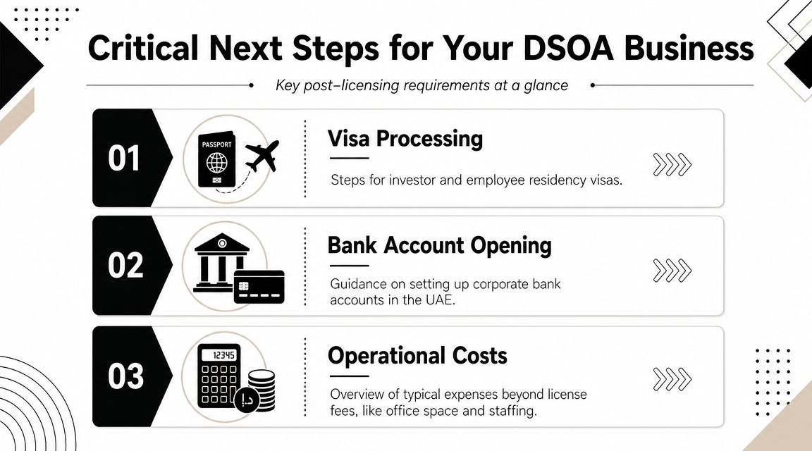 An infographic titled Critical Next Steps for Your DSOA Business, outlining visa, banking, and operational requirements.