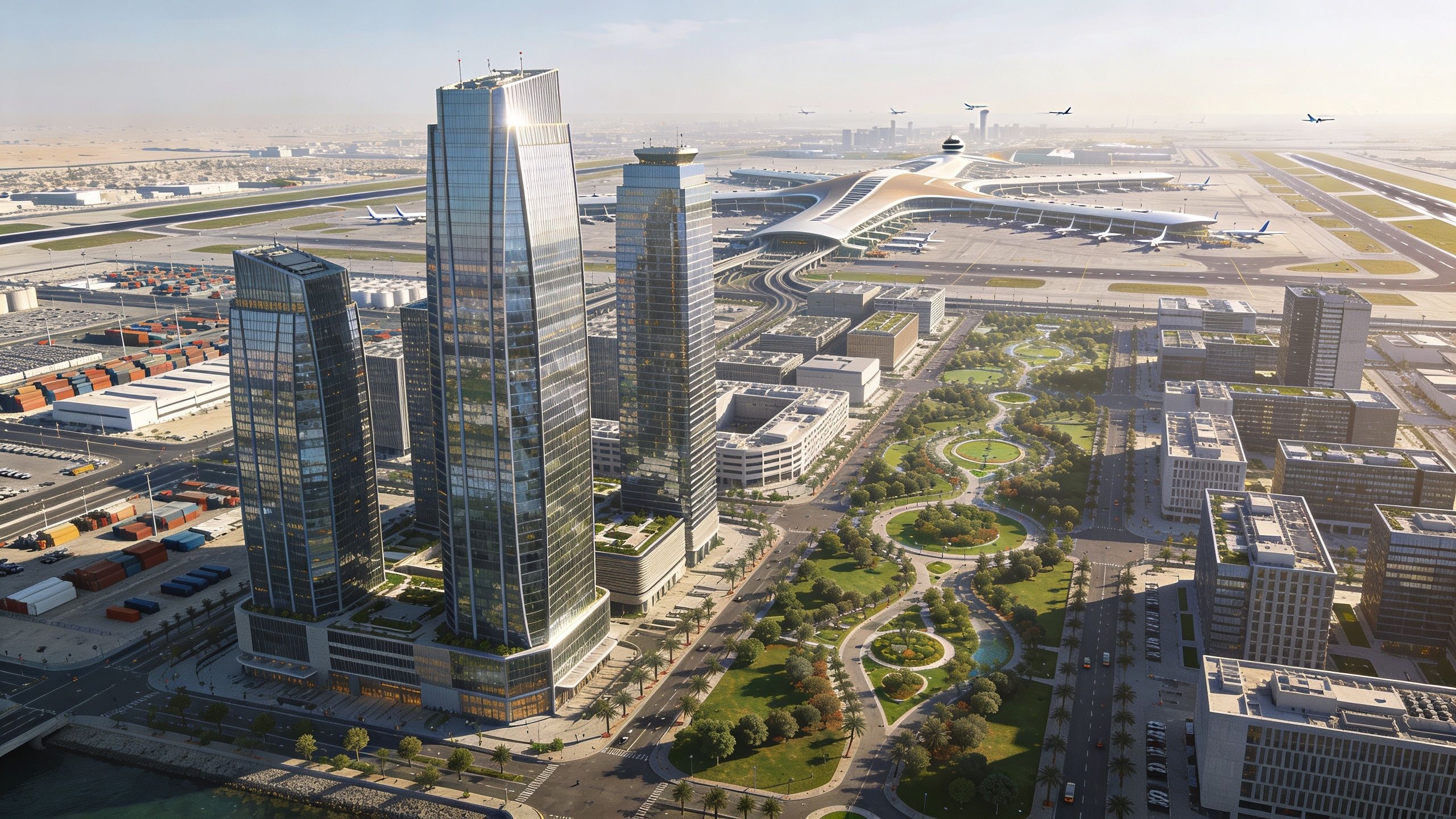 A modern cityscape featuring futuristic skyscrapers near a large international airport hub in Dubai South.