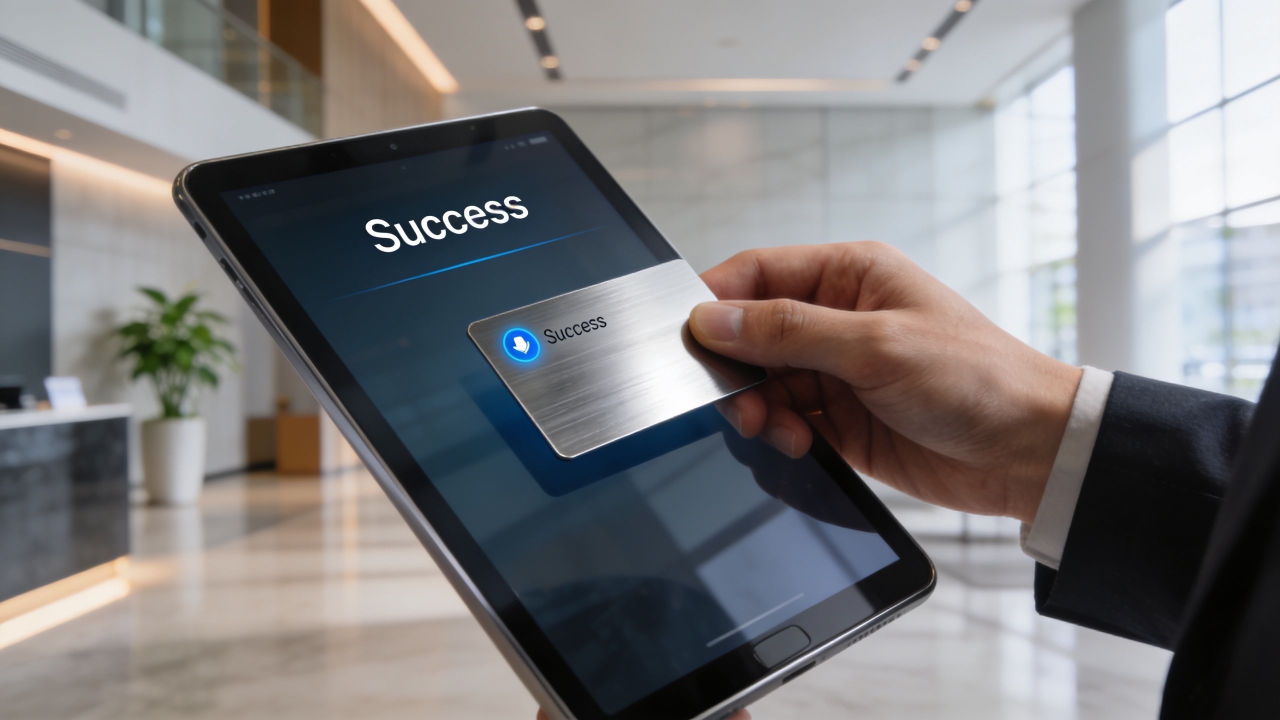 A professional holding a tablet displaying a success message during a business transaction in a modern office.