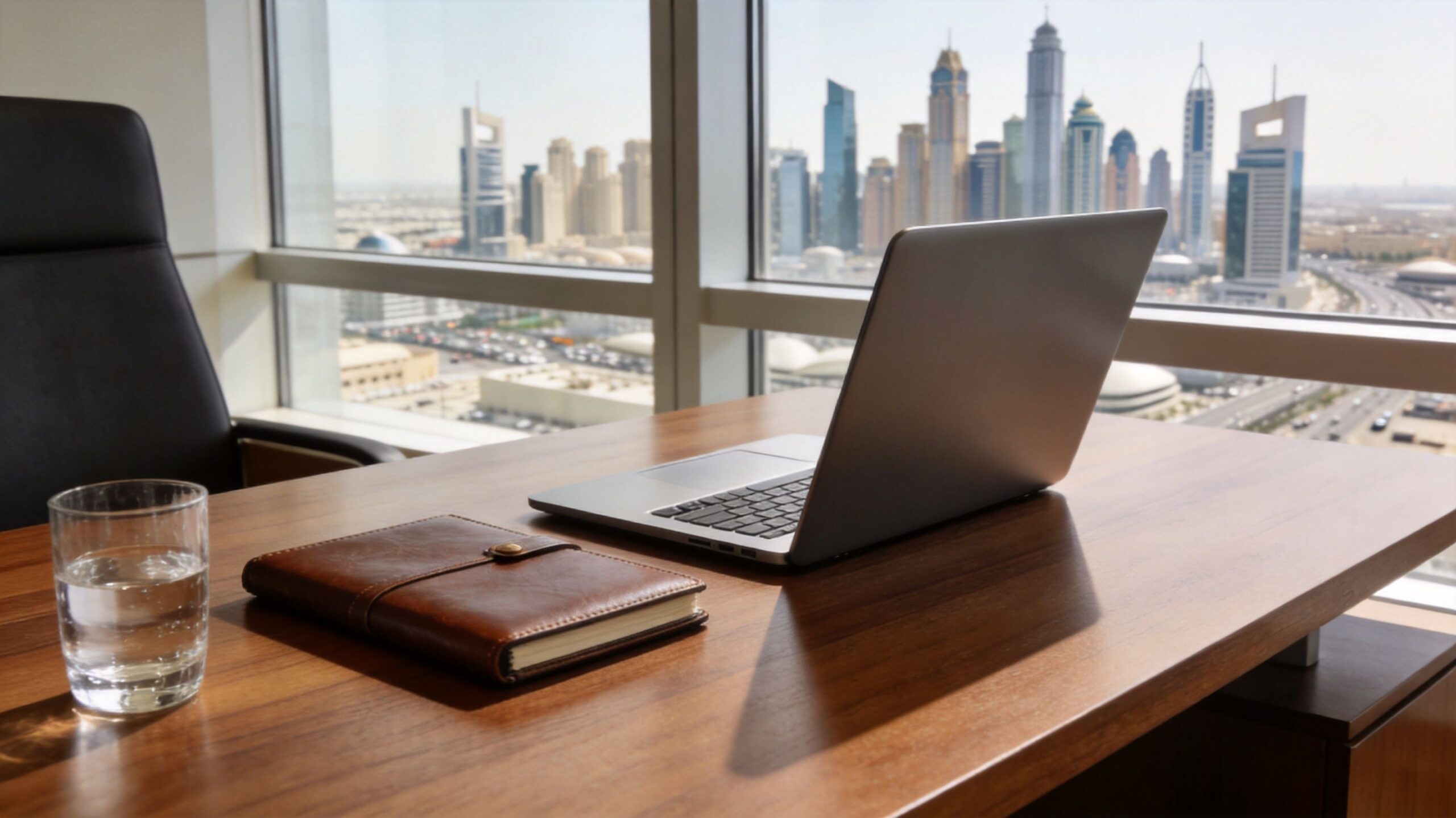 A modern office desk with a laptop, notebook, and glass of water overlooking the Dubai skyline.