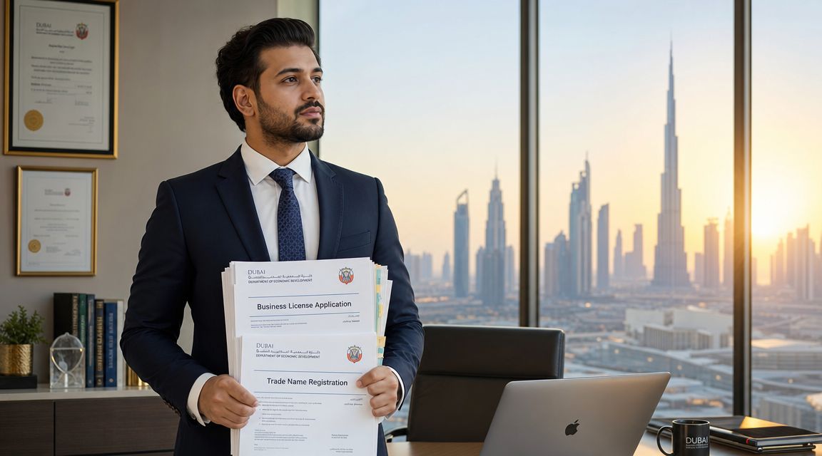A professional businessman in a suit holding business license and registration documents in a Dubai office.
