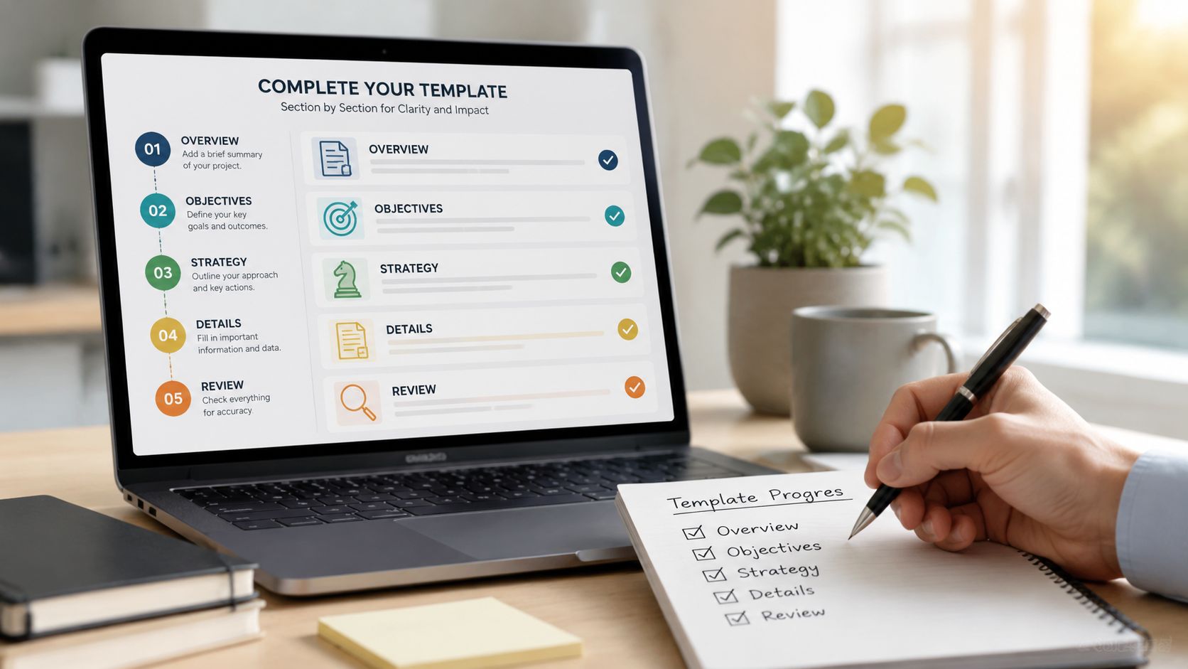 A person writing a checklist in a notebook while looking at a template progress dashboard on a laptop.