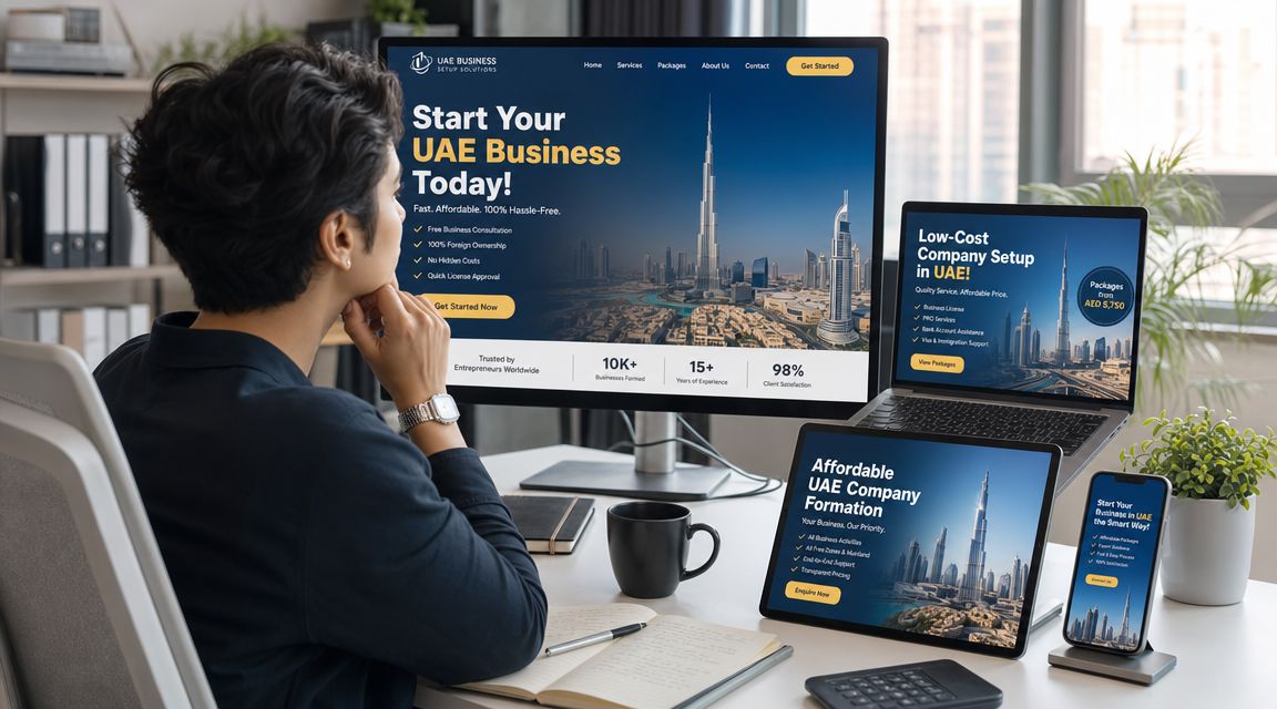 A professional analyzing UAE business setup and company formation website options on multiple office devices.