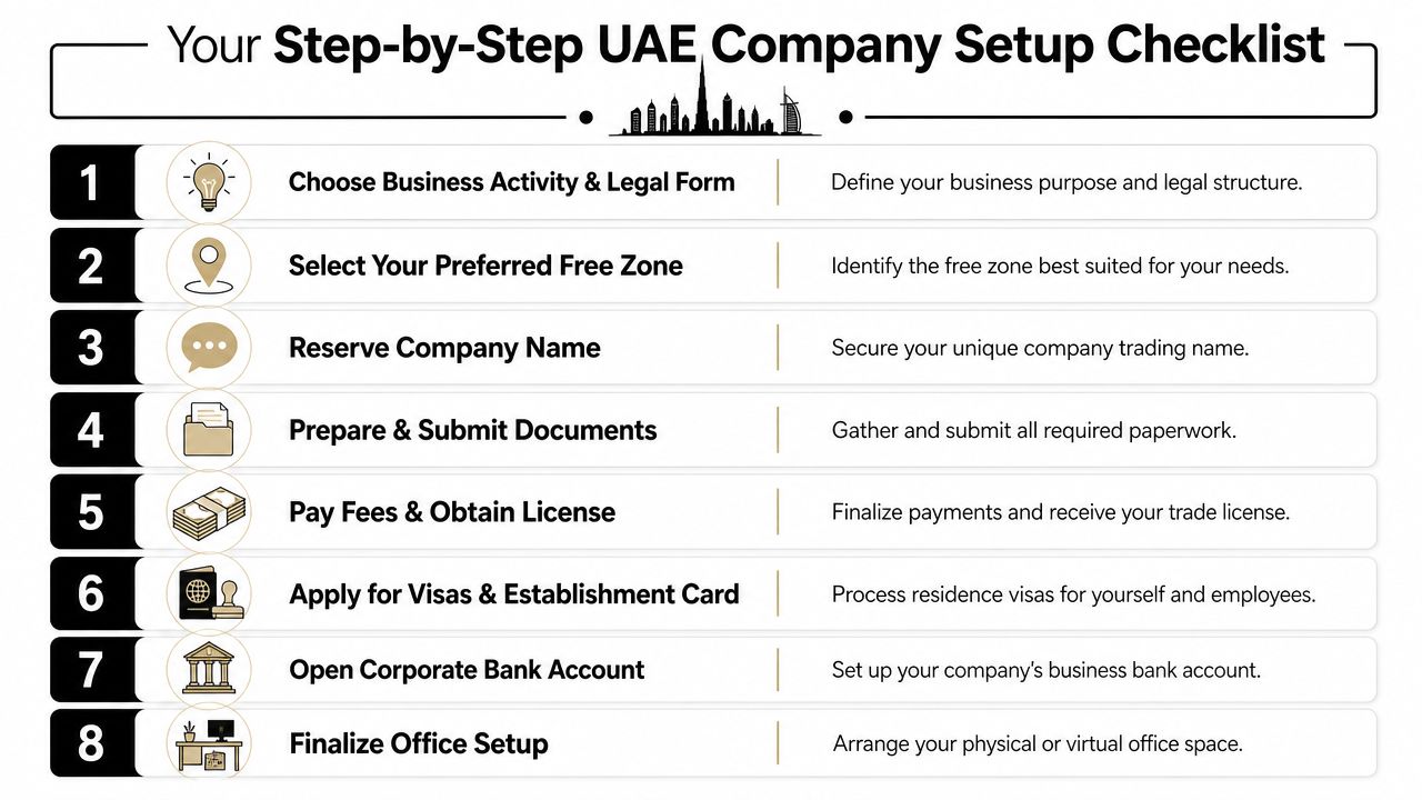 An eight-step infographic checklist detailing the process for setting up a company in the UAE.