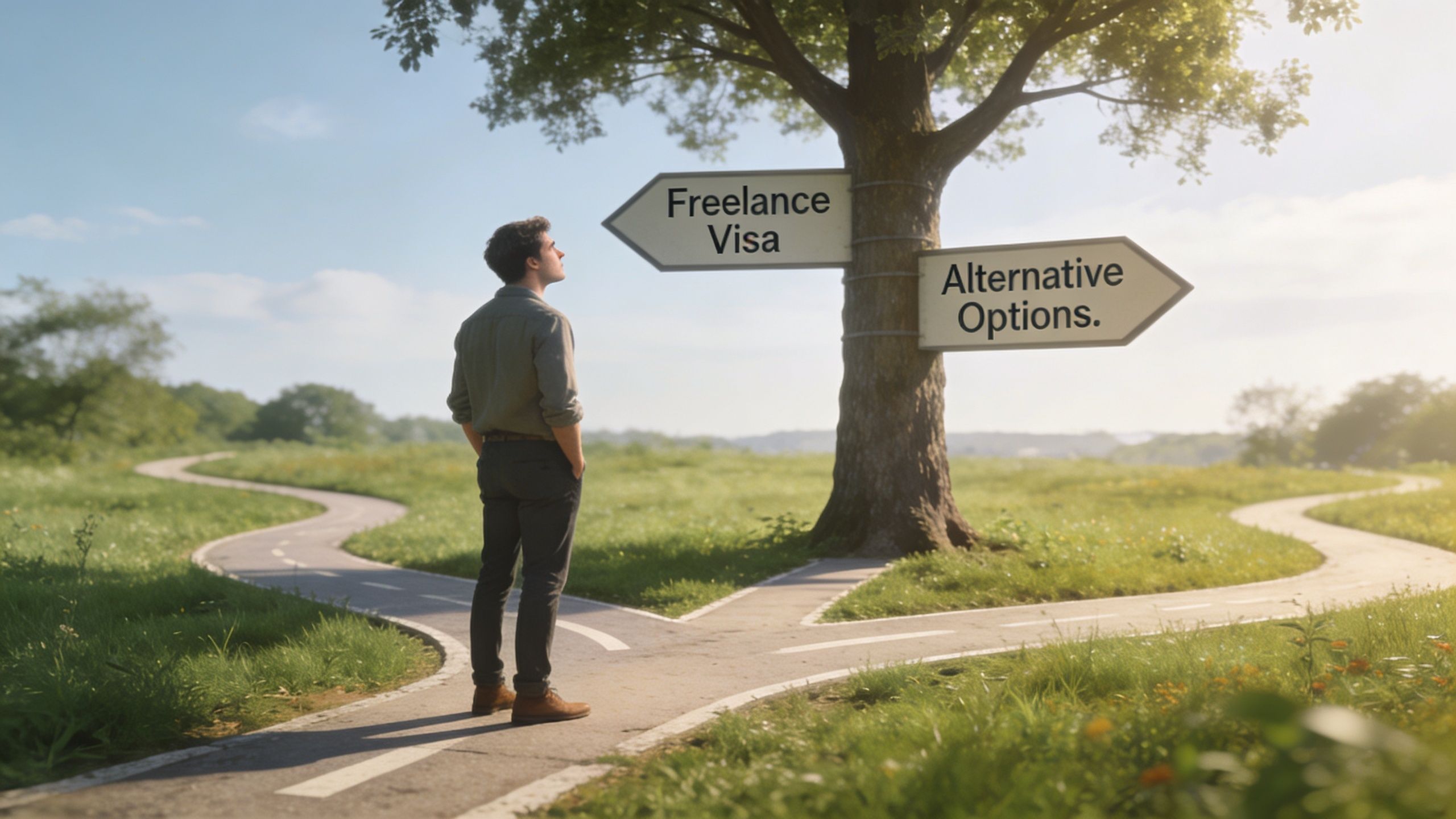 A man standing at a fork in the road contemplating a freelance visa versus alternative options.