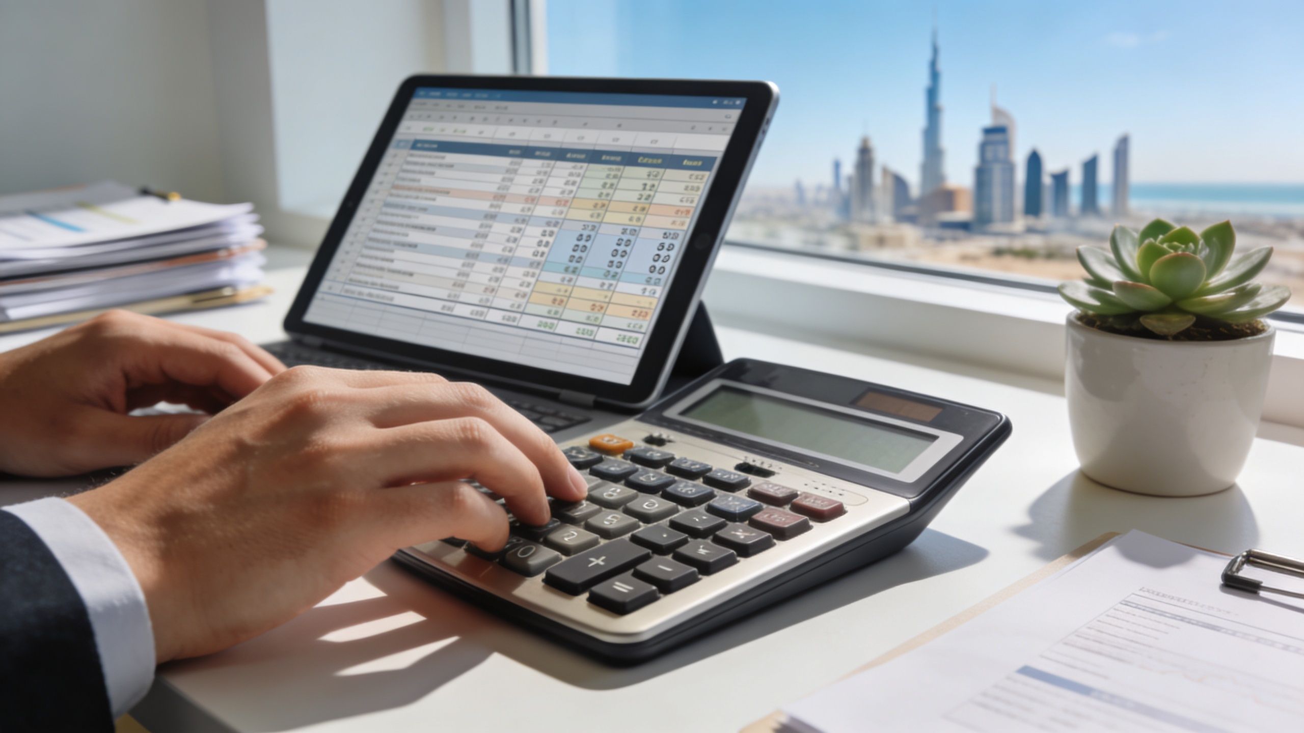 A professional working on financial data using a tablet and calculator in a Dubai office.