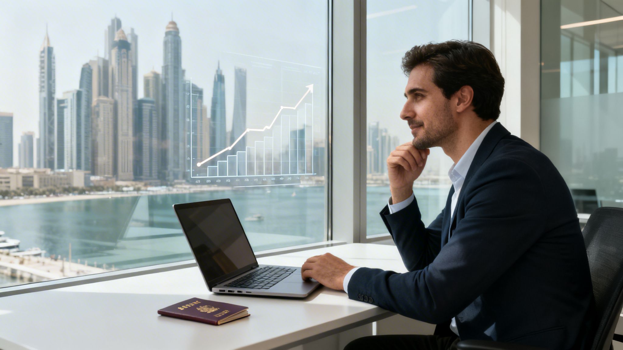 A businessman in a suit smiles, watching a holographic growth chart over the Dubai skyline.