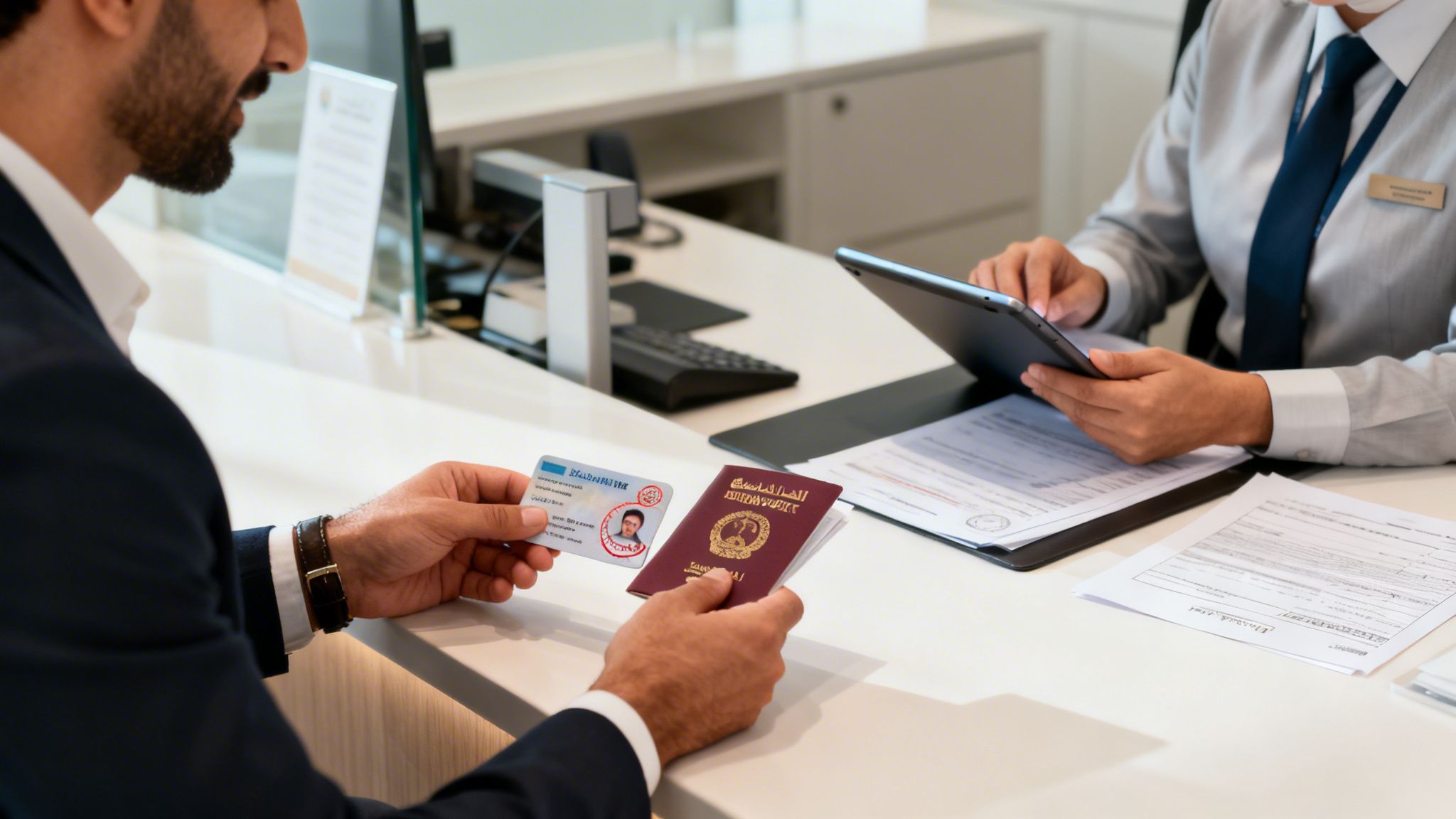 Man holding an ID card and passport, interacting with a staff member at a service counter.
