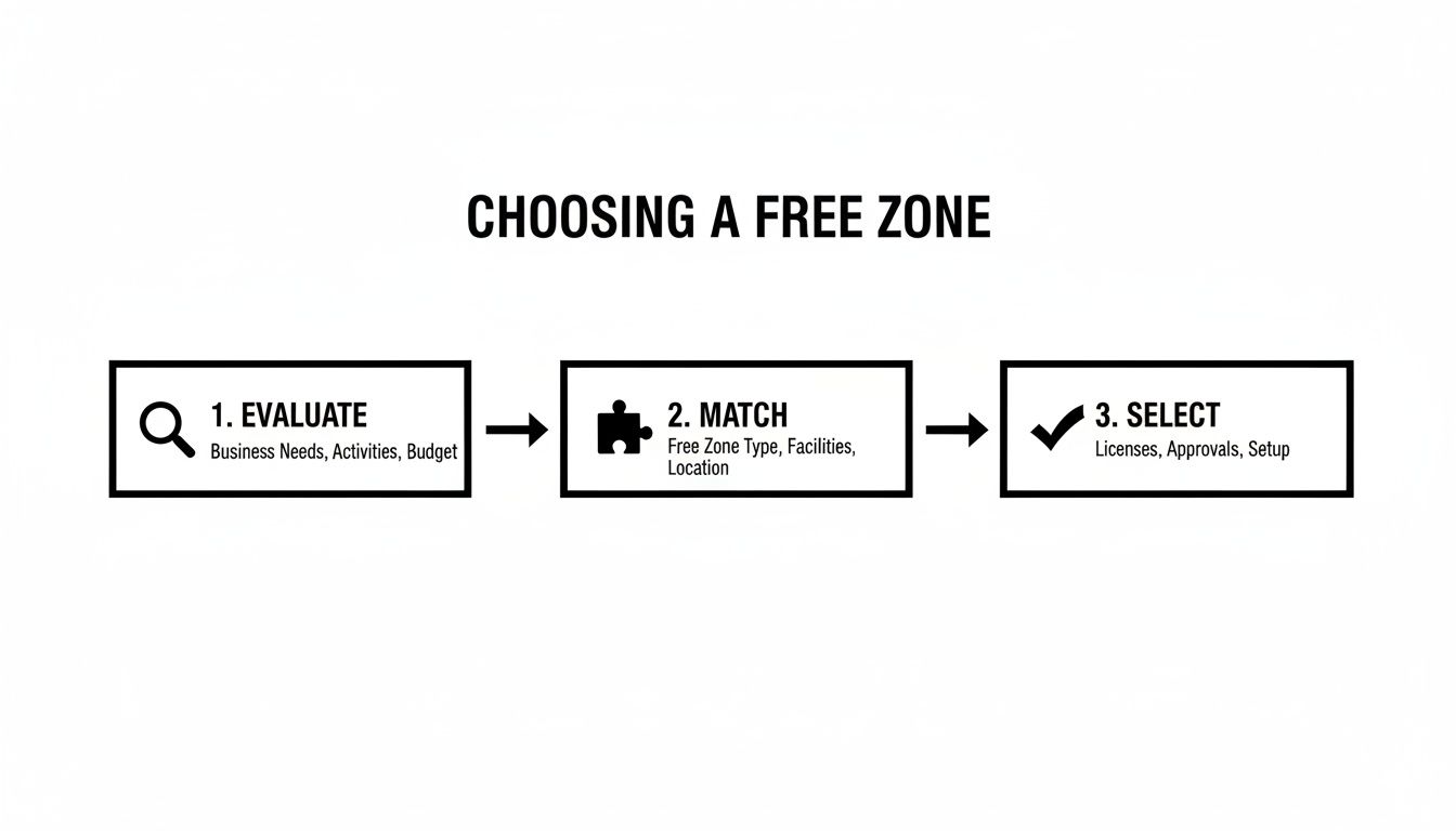 A three-step infographic illustrating how to choose a free zone: Evaluate, Match, and Select.