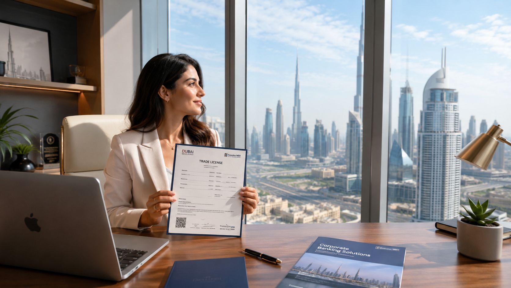 A professional woman holding a trade license document in a Dubai office overlooking the city skyline.