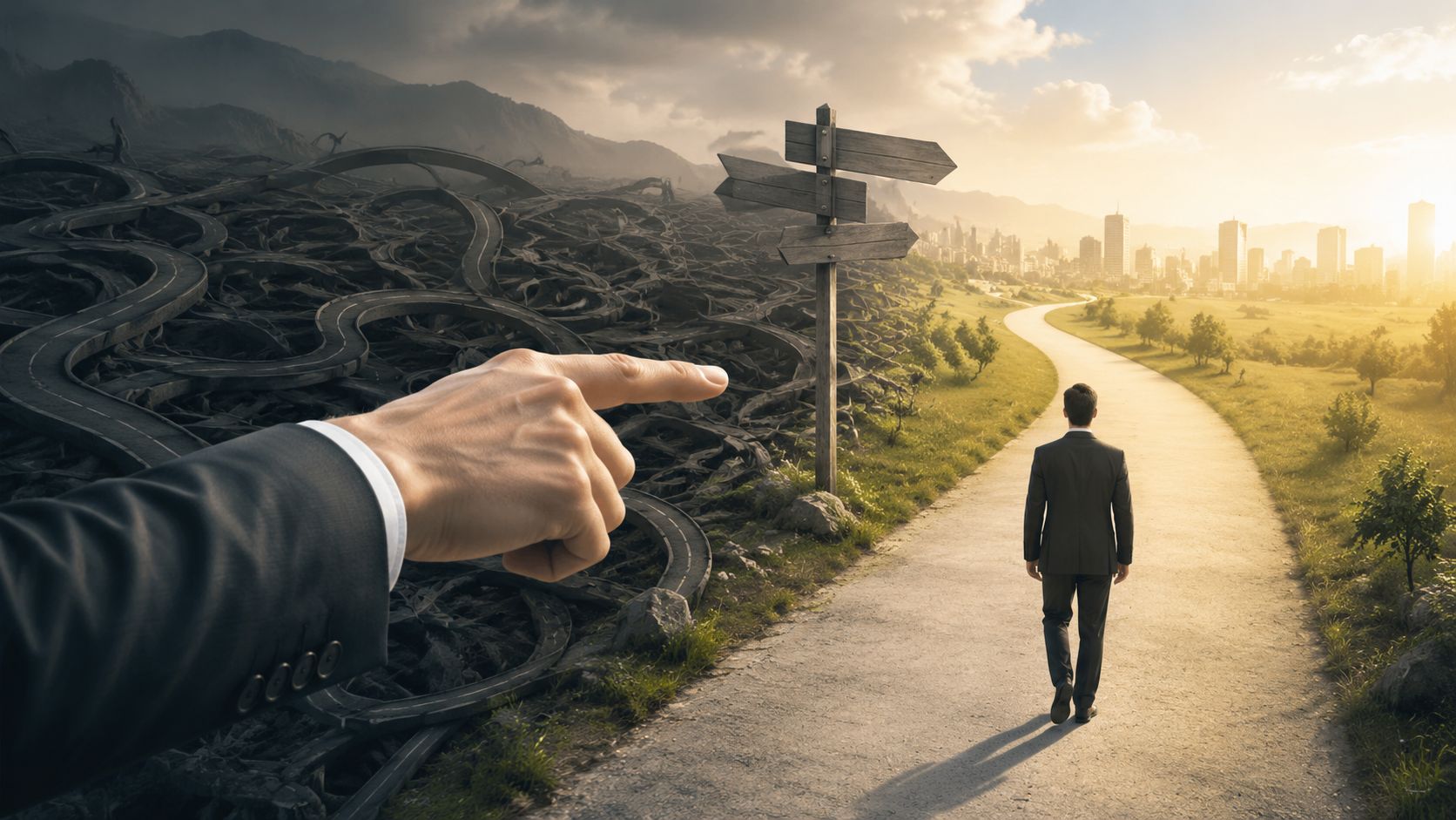 A businessman walking down a clear path while a giant hand points toward a chaotic road landscape.