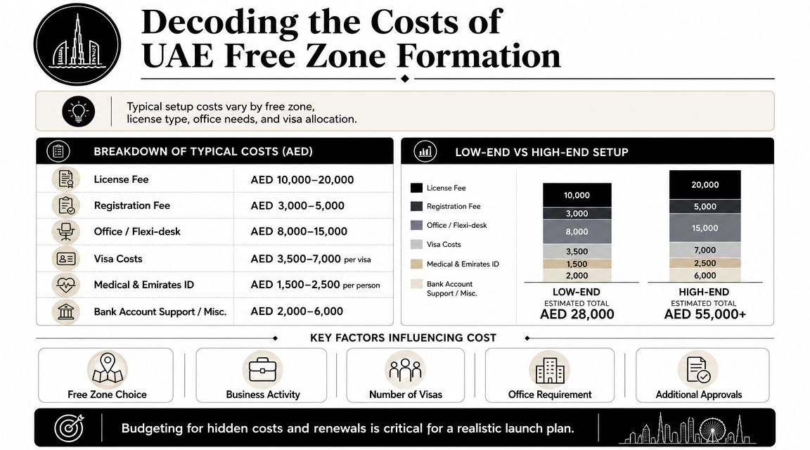 An infographic detailing the various costs and key factors associated with UAE free zone company formation.
