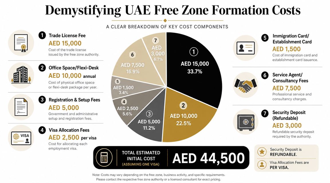 A detailed infographic showing the breakdown of costs for setting up a company in a UAE free zone.