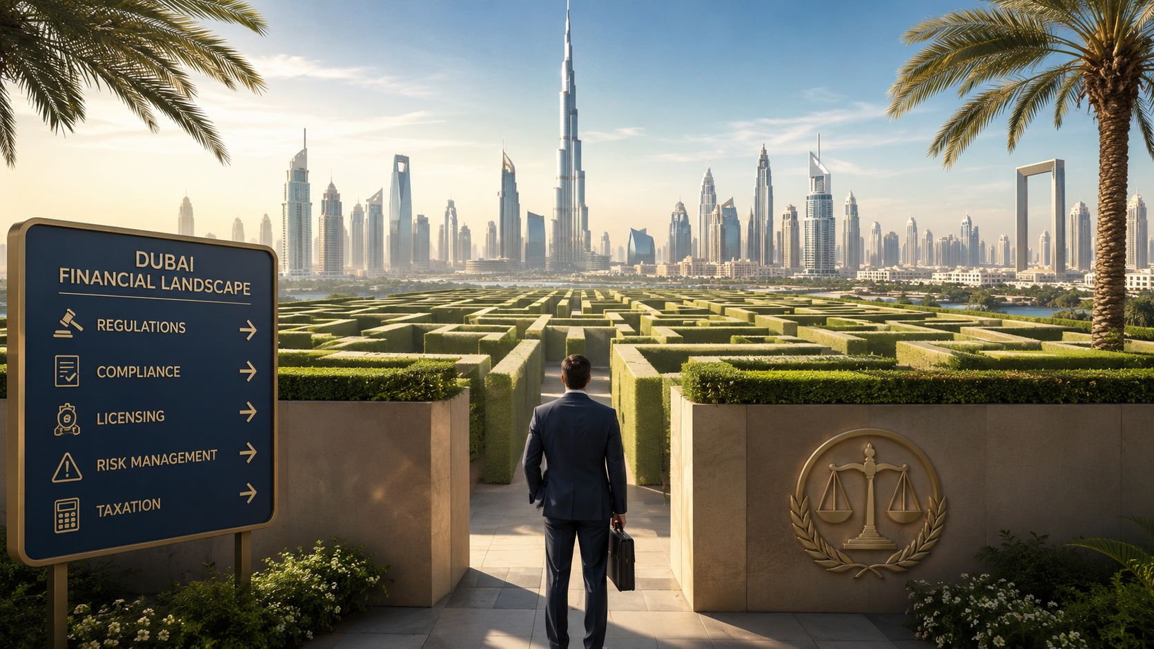 A businessman standing before a complex hedge maze facing the Dubai skyline, symbolizing financial navigation.