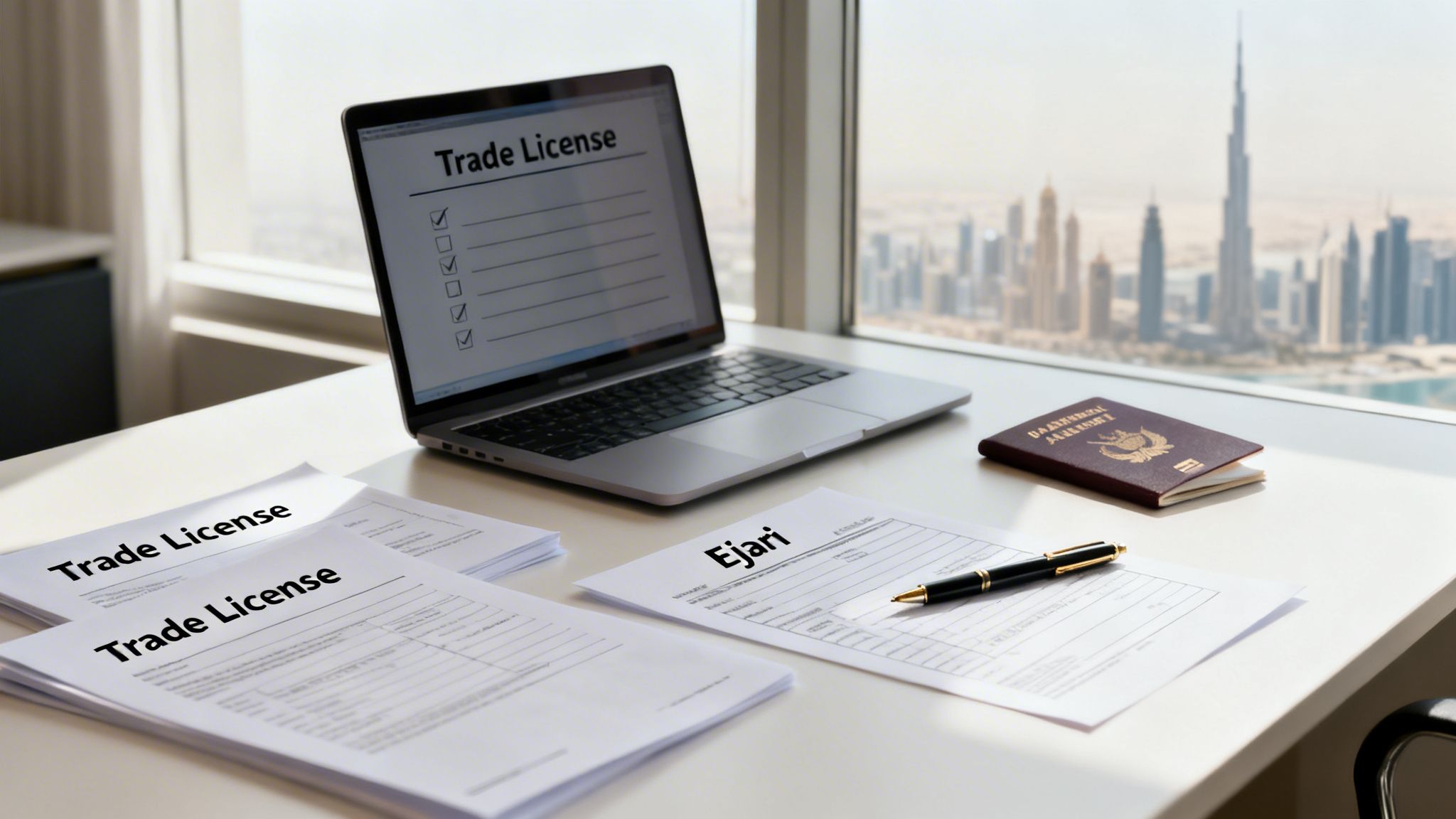 A business desk with trade license documents, a passport, and a laptop overlooking the Dubai skyline.