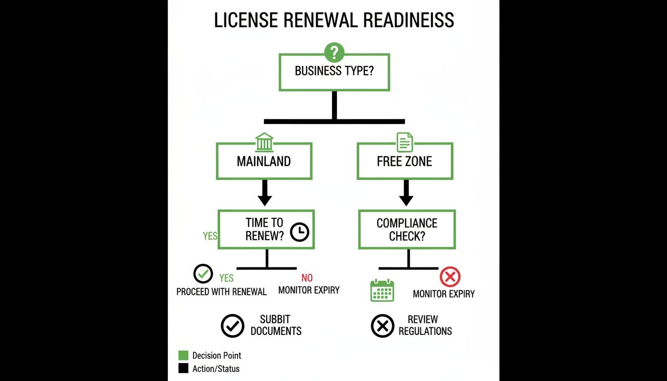 Flowchart illustrating the license renewal readiness process for businesses, distinguishing between mainland and free zones.