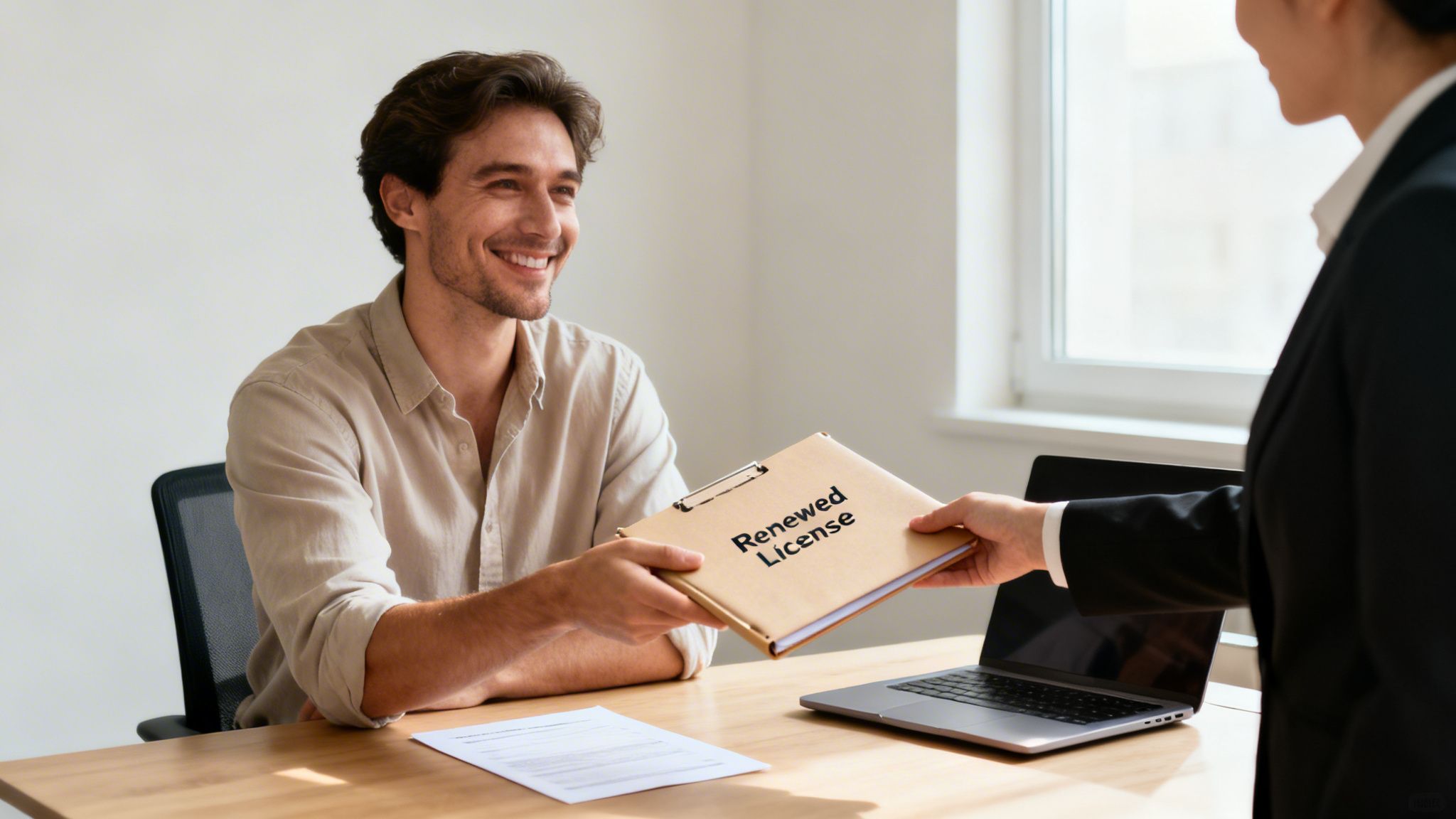 Smiling man receives a renewed license document from a woman in an office setting.