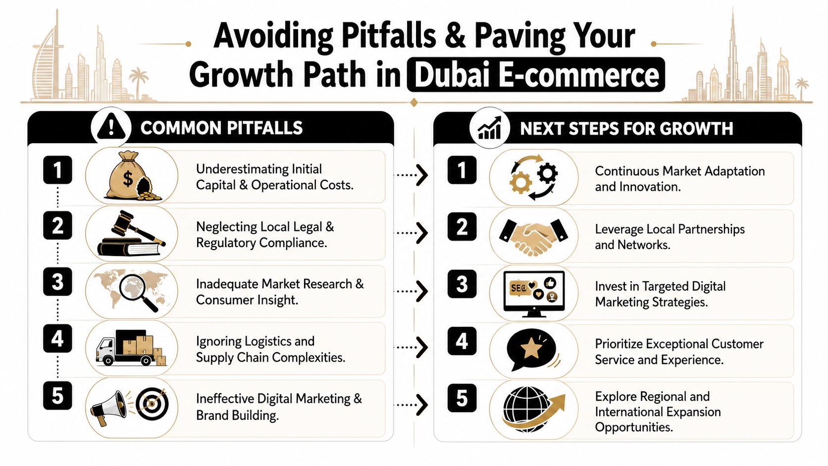 An infographic showing common pitfalls and growth strategies for launching an e-commerce business in Dubai.