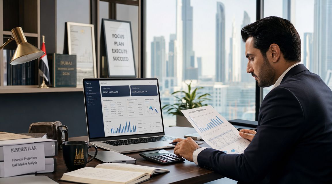 A professional businessman analyzing financial documents and digital dashboard in a modern office with Dubai skyline view.